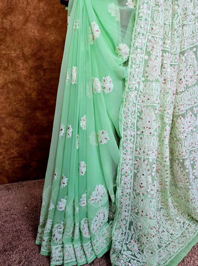 Green Chiffon Chikankari Saree with Gota Patti - Pleats
