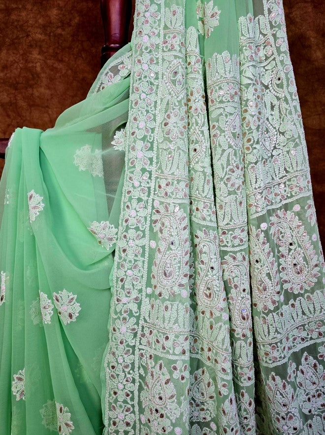 Green Chiffon Chikankari Saree with Gota Patti 
