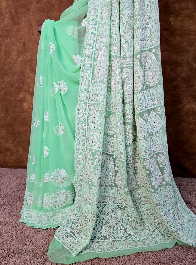 Green Chiffon Chikankari Saree with Gota Patti - View