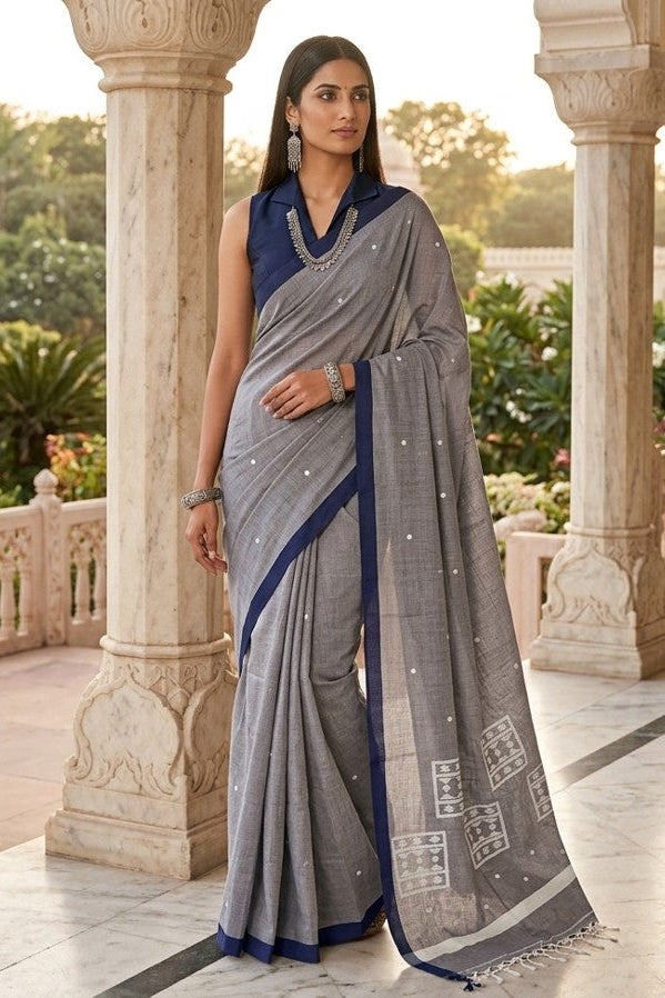 Handloom Cotton Saree Grey with Blue border