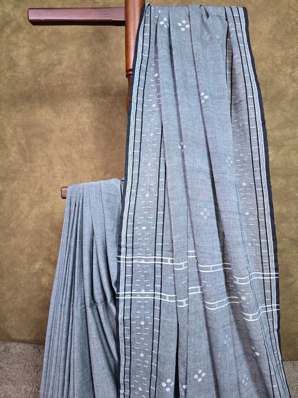 Grey Handloom Cotton Saree with White Woven Motifs and Tassel Pallu