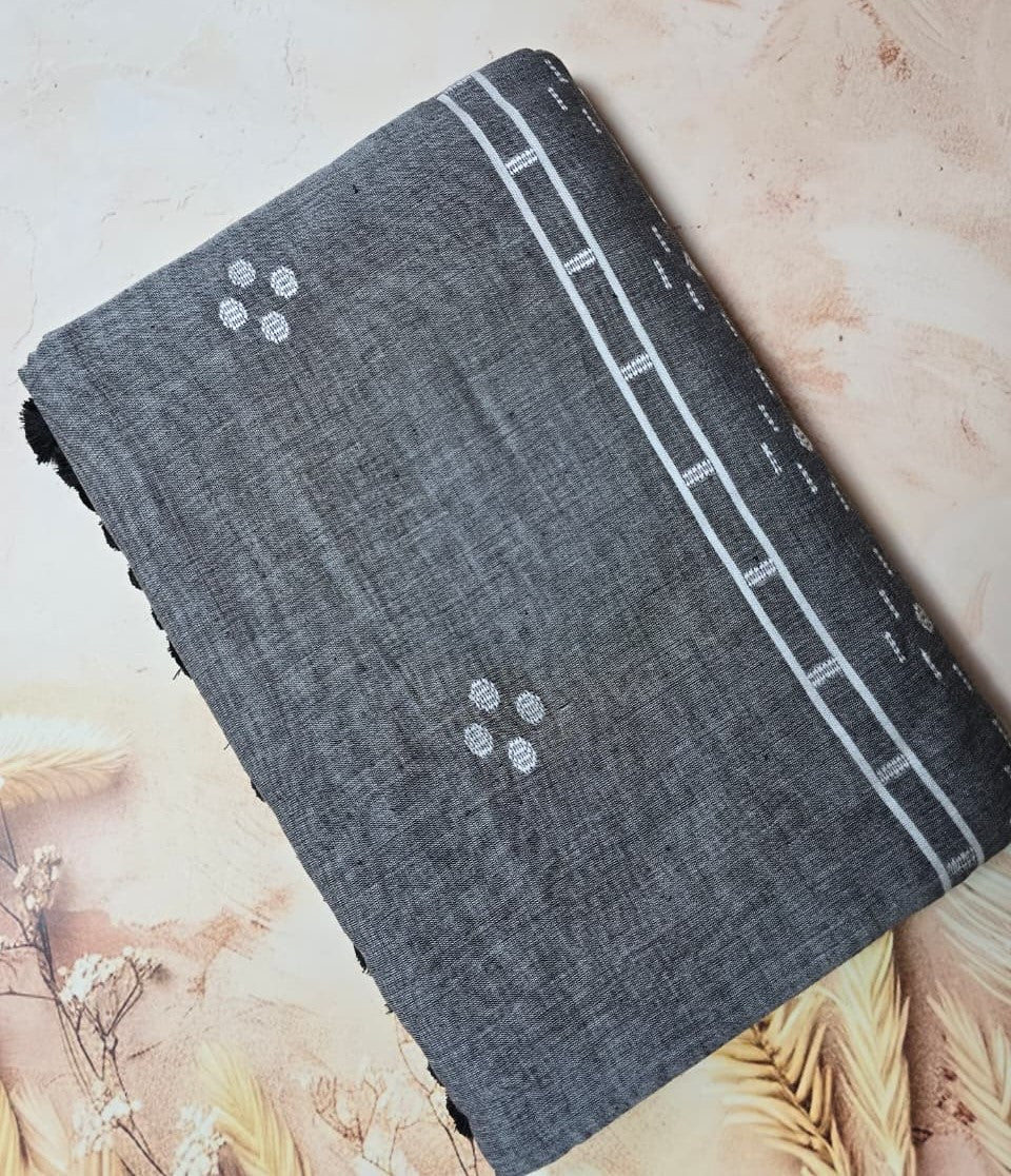 Grey Handloom Cotton Saree with White Woven Motifs and Tassel Pallu