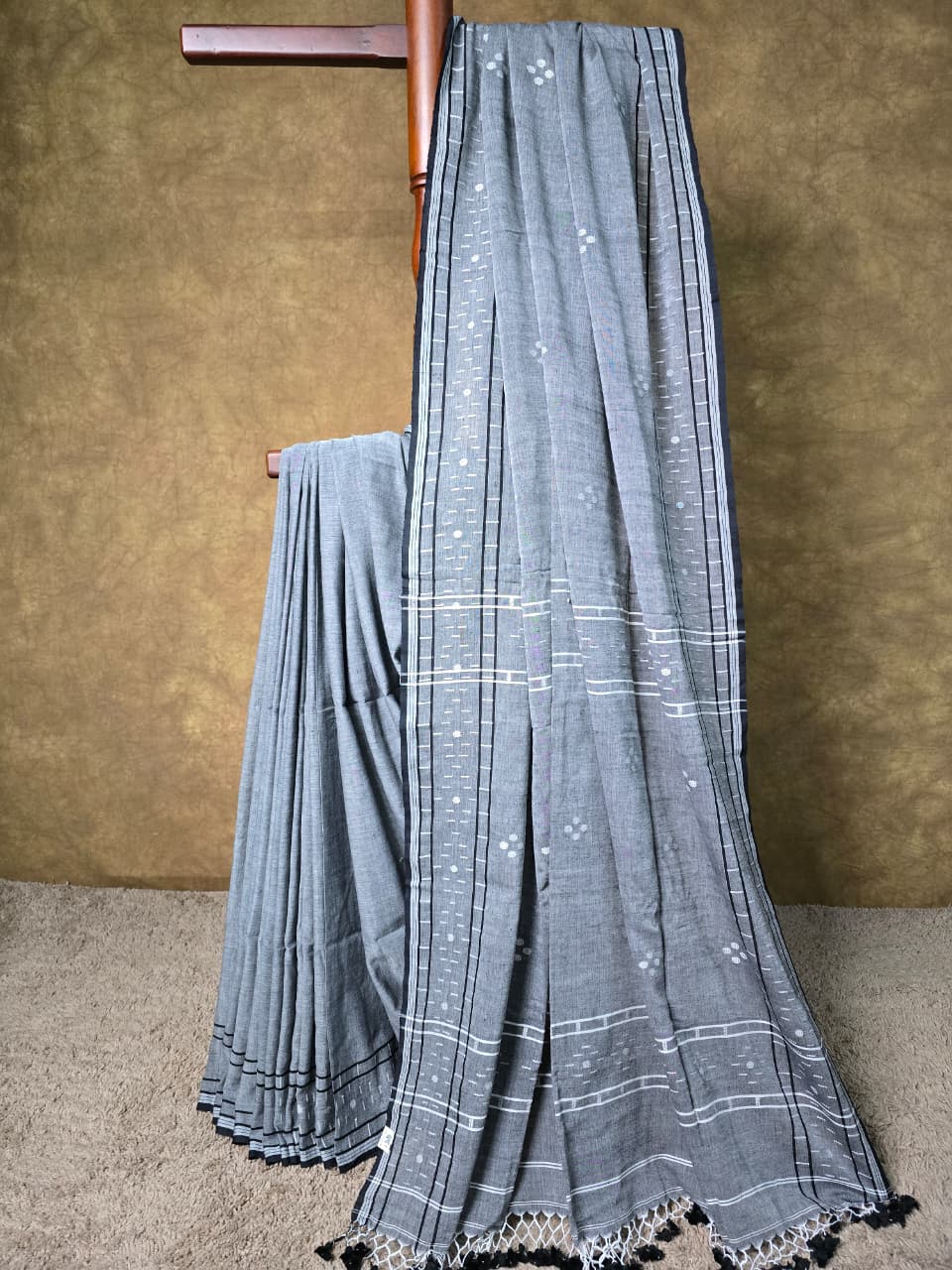 Grey Handloom Cotton Saree - Full View