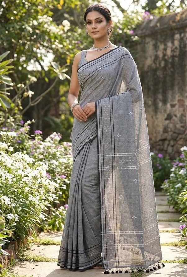 Grey Handloom Cotton Saree | Hastweave