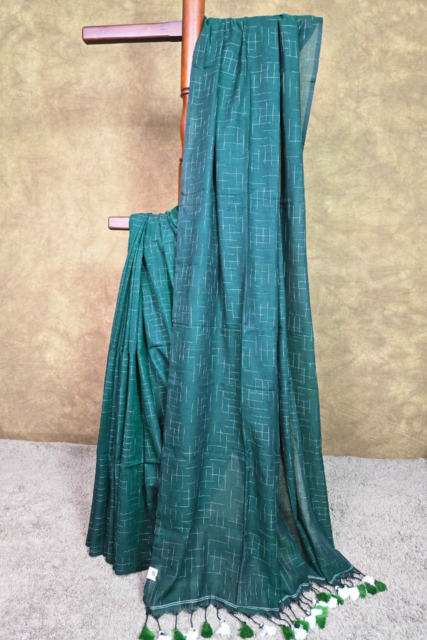 Forest Green Handloom Cotton Saree with Contemporary Lines