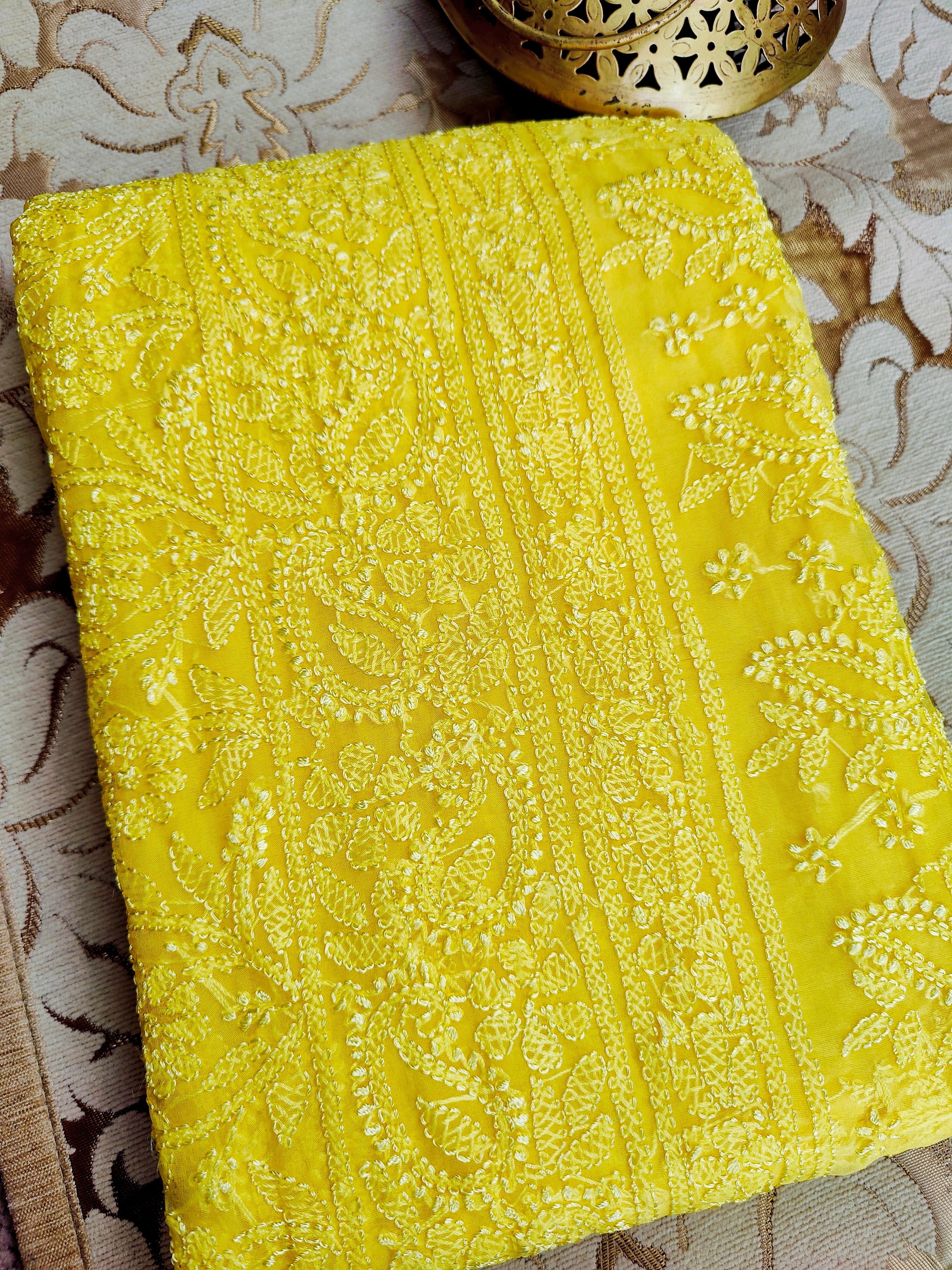 Vibrant Yellow Organza Chikankari Saree with Resham Thread & Detailed Pallu