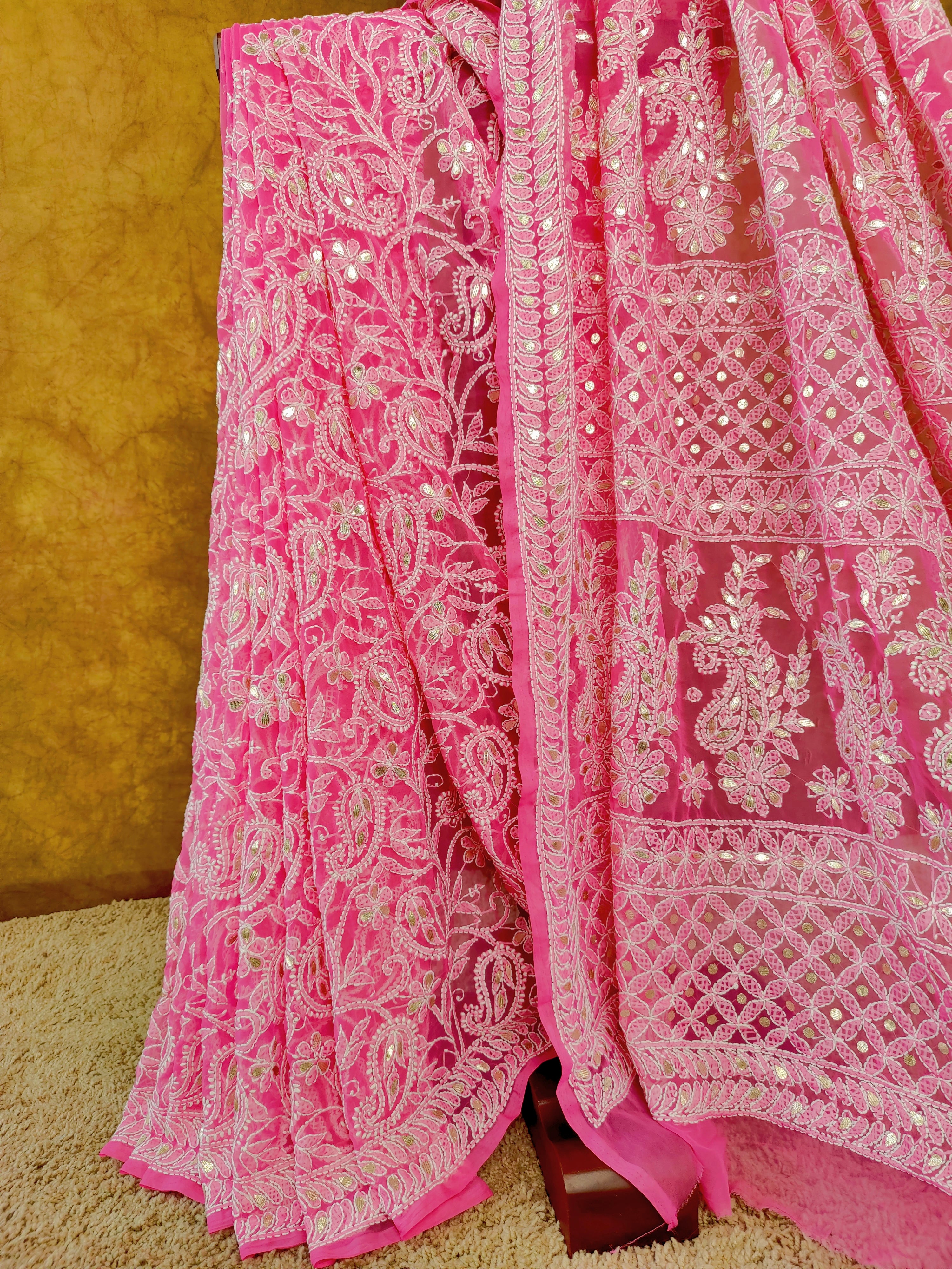 Pink Chiffon Lucknowi Chikankari Saree - Full Jaal with Gota Patti work