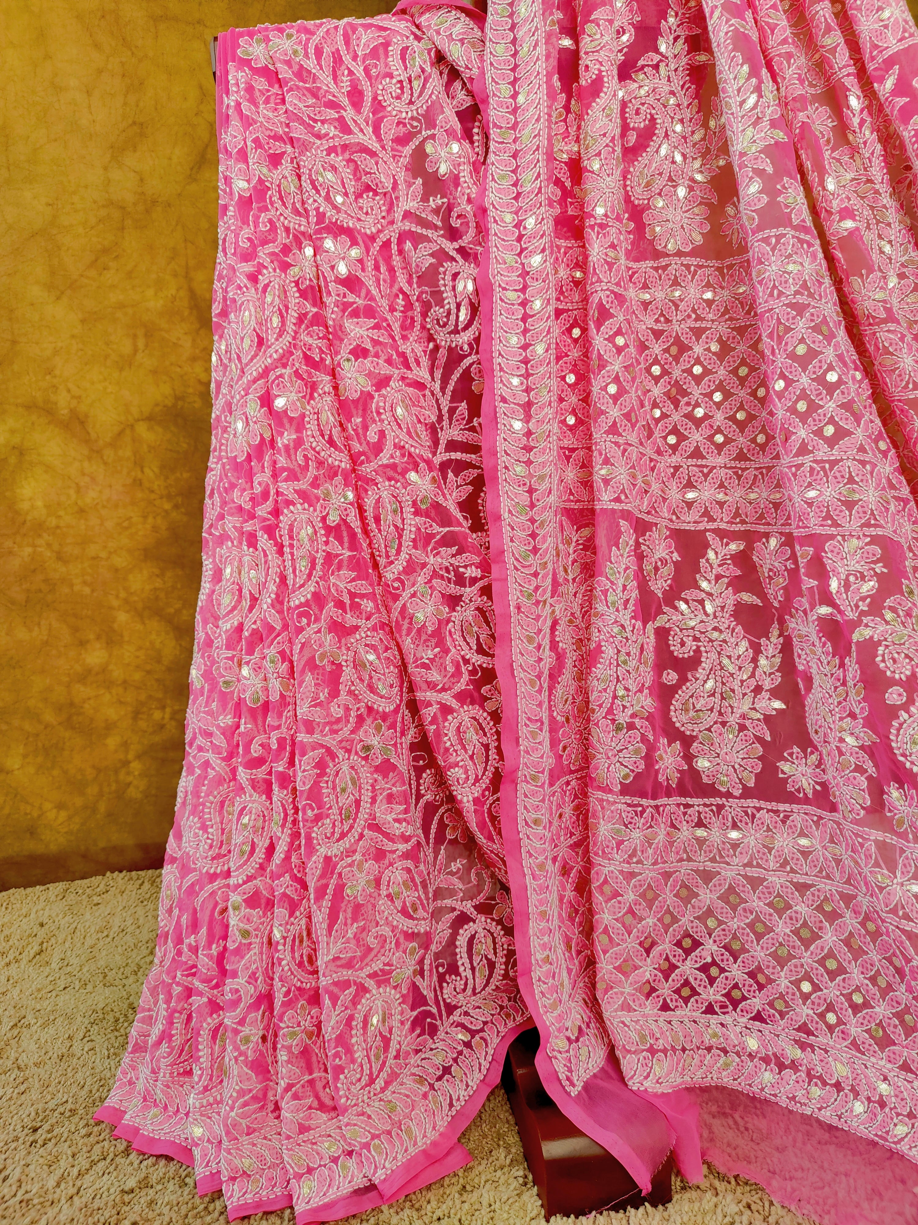 Pink Chiffon Lucknowi Chikankari Saree - Full Jaal with Gota Patti work
