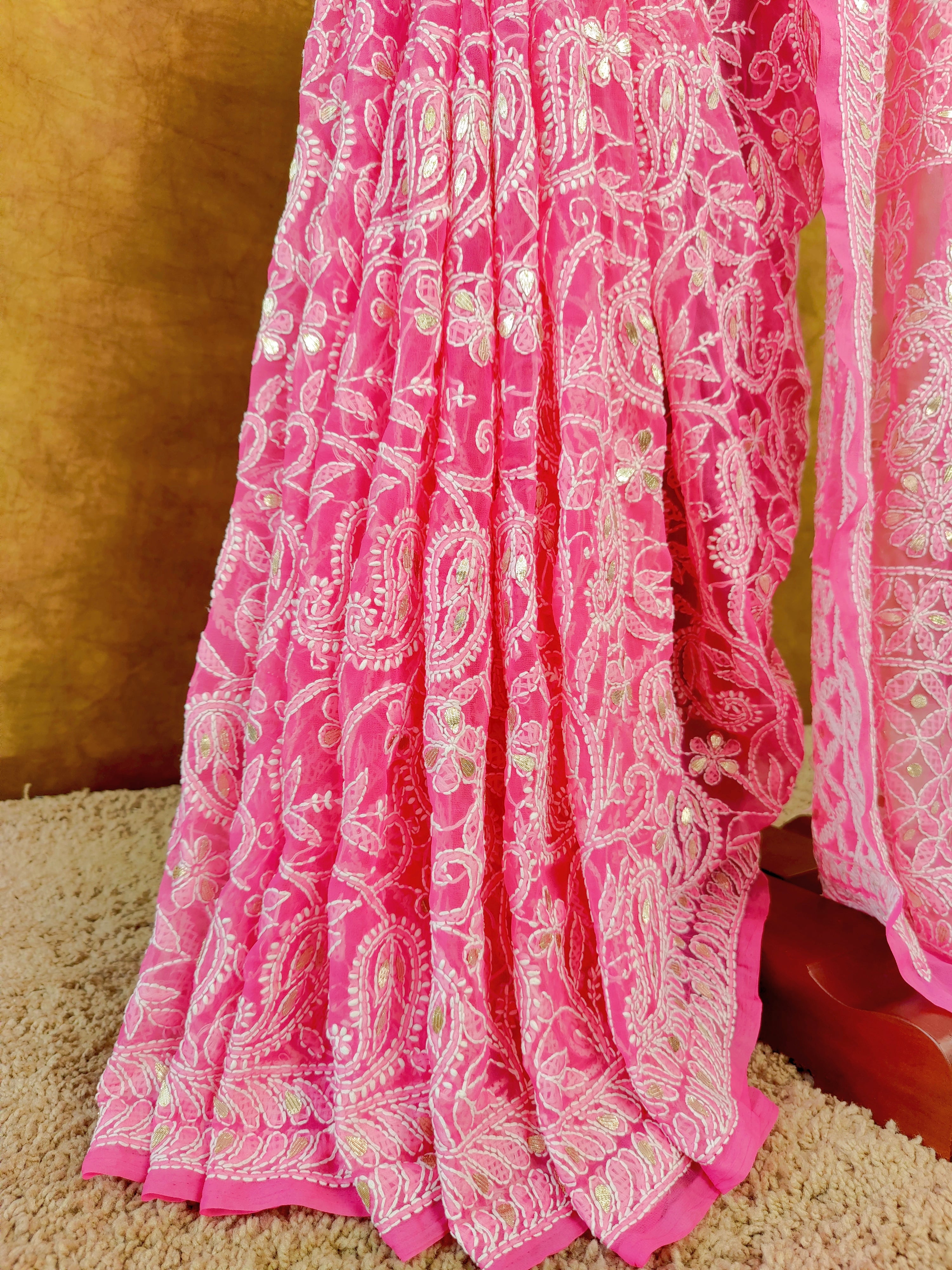 Pink Chiffon Lucknowi Chikankari Saree - Full Jaal with Gota Patti work