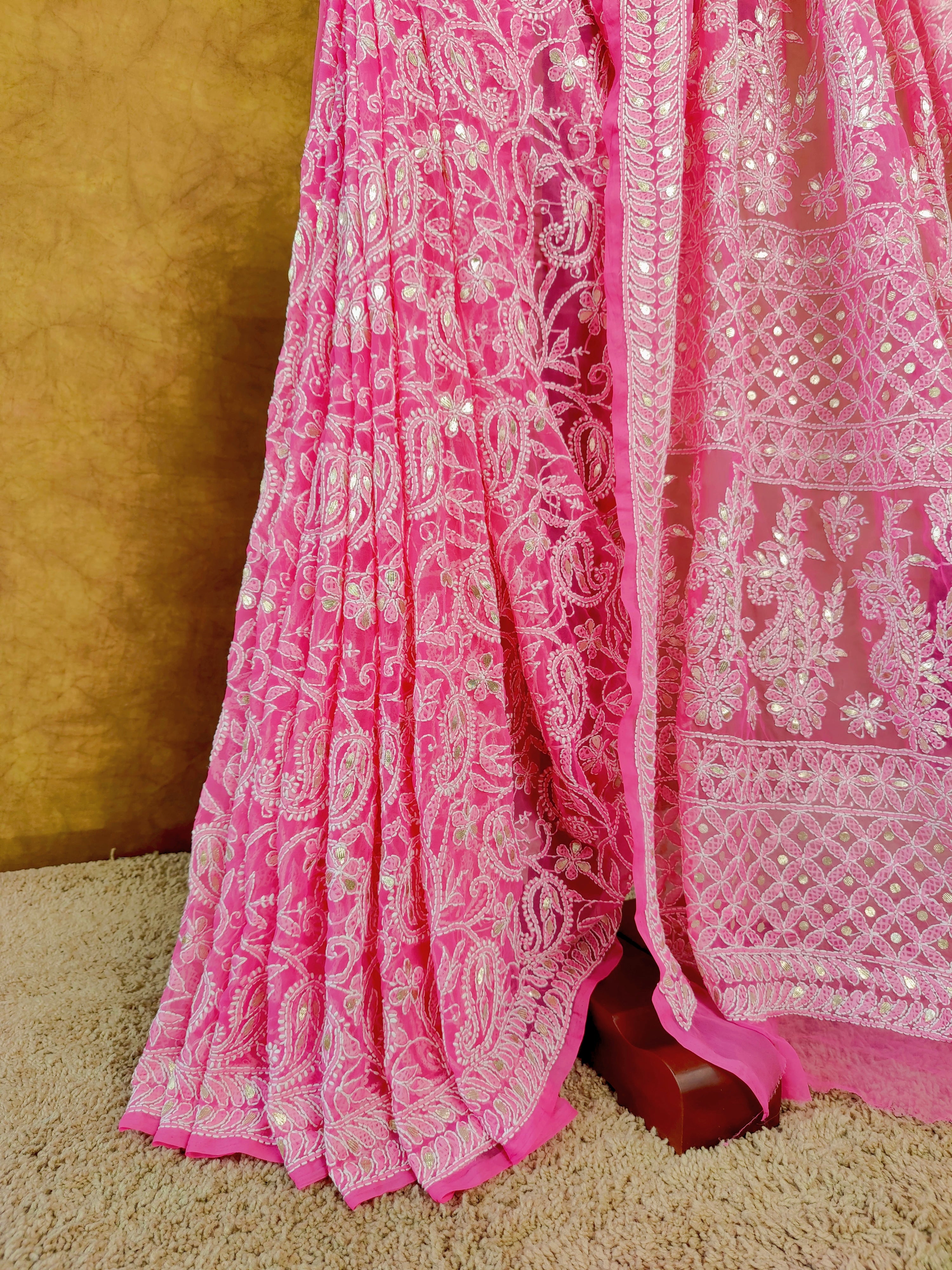 Pink Chiffon Lucknowi Chikankari Saree - Full Jaal with Gota Patti work