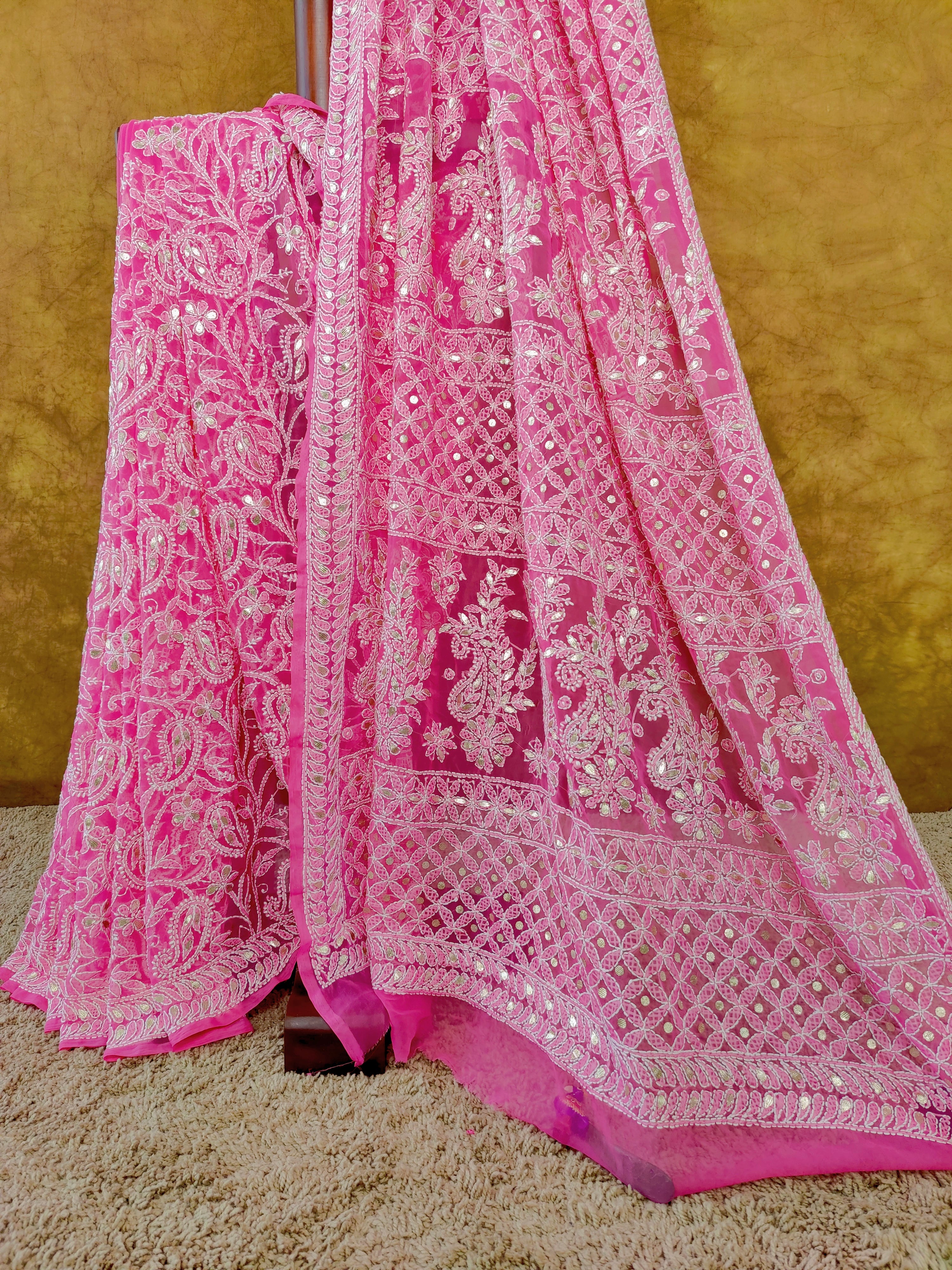 Pink Chiffon Lucknowi Chikankari Saree - Full Jaal with Gota Patti work
