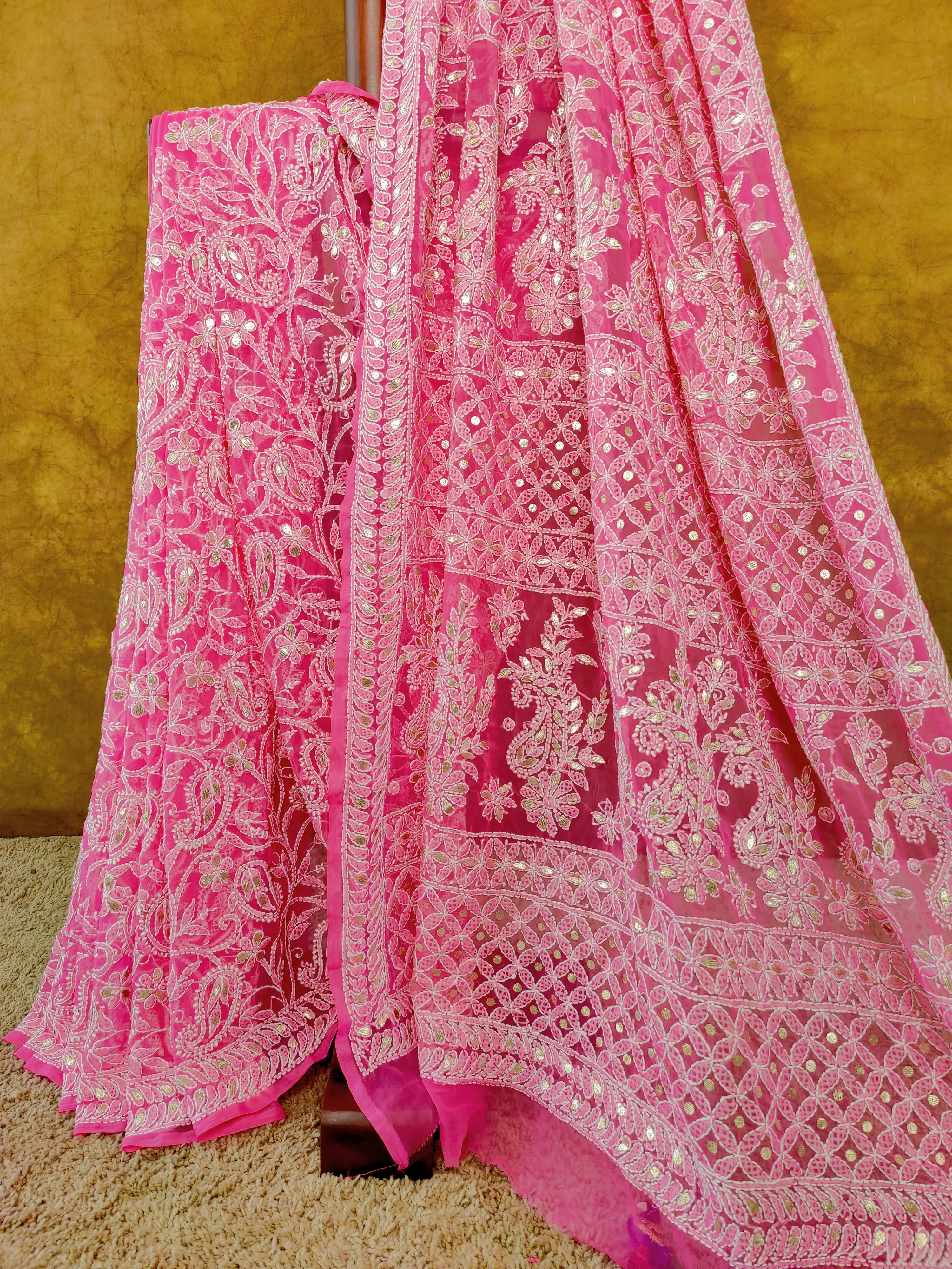 Pink Chiffon Lucknowi Chikankari Saree - Full Jaal with Gota Patti work