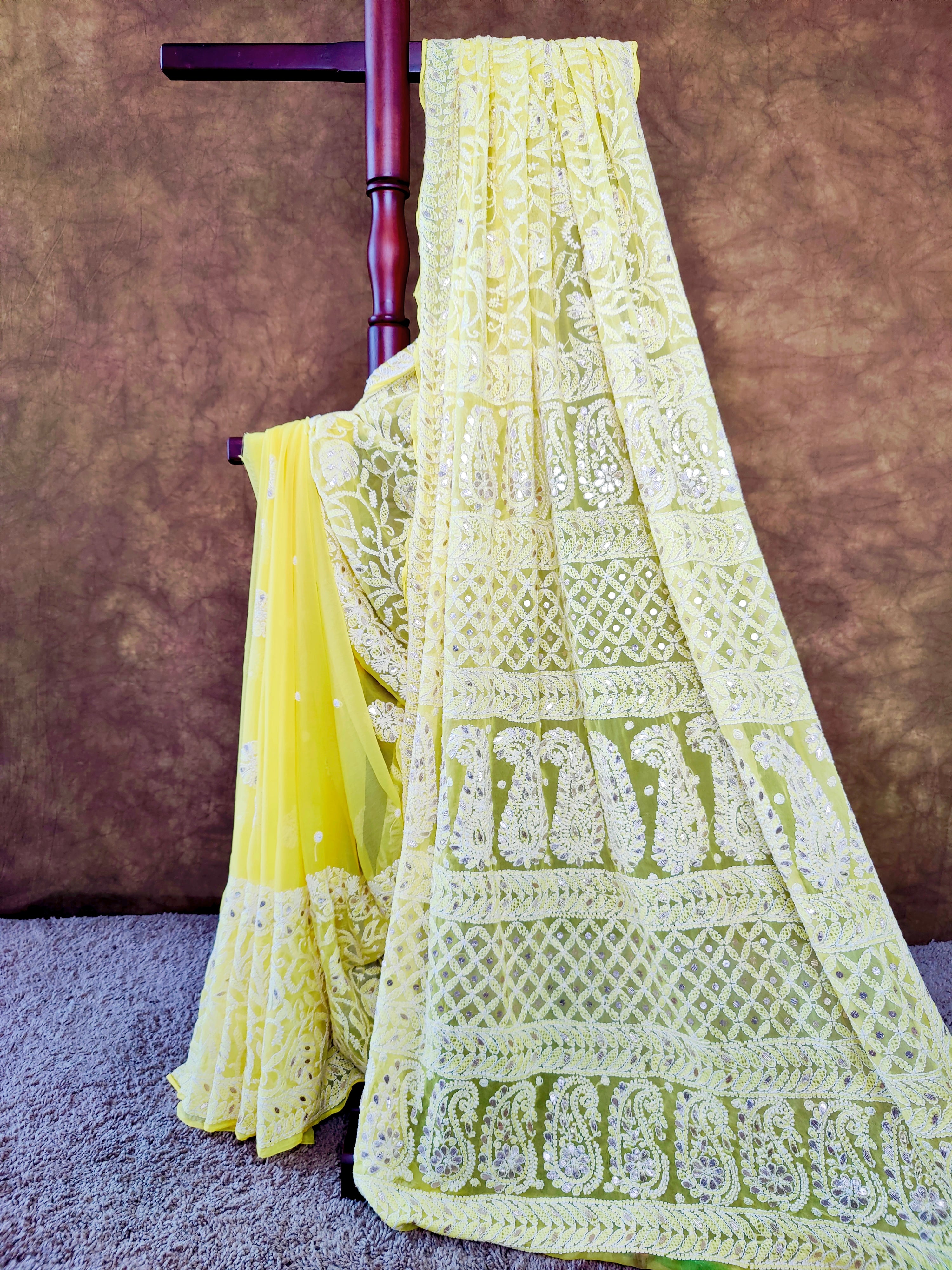 Sunshine Yellow Chiffon Chikankari Saree with Gota Patti Work