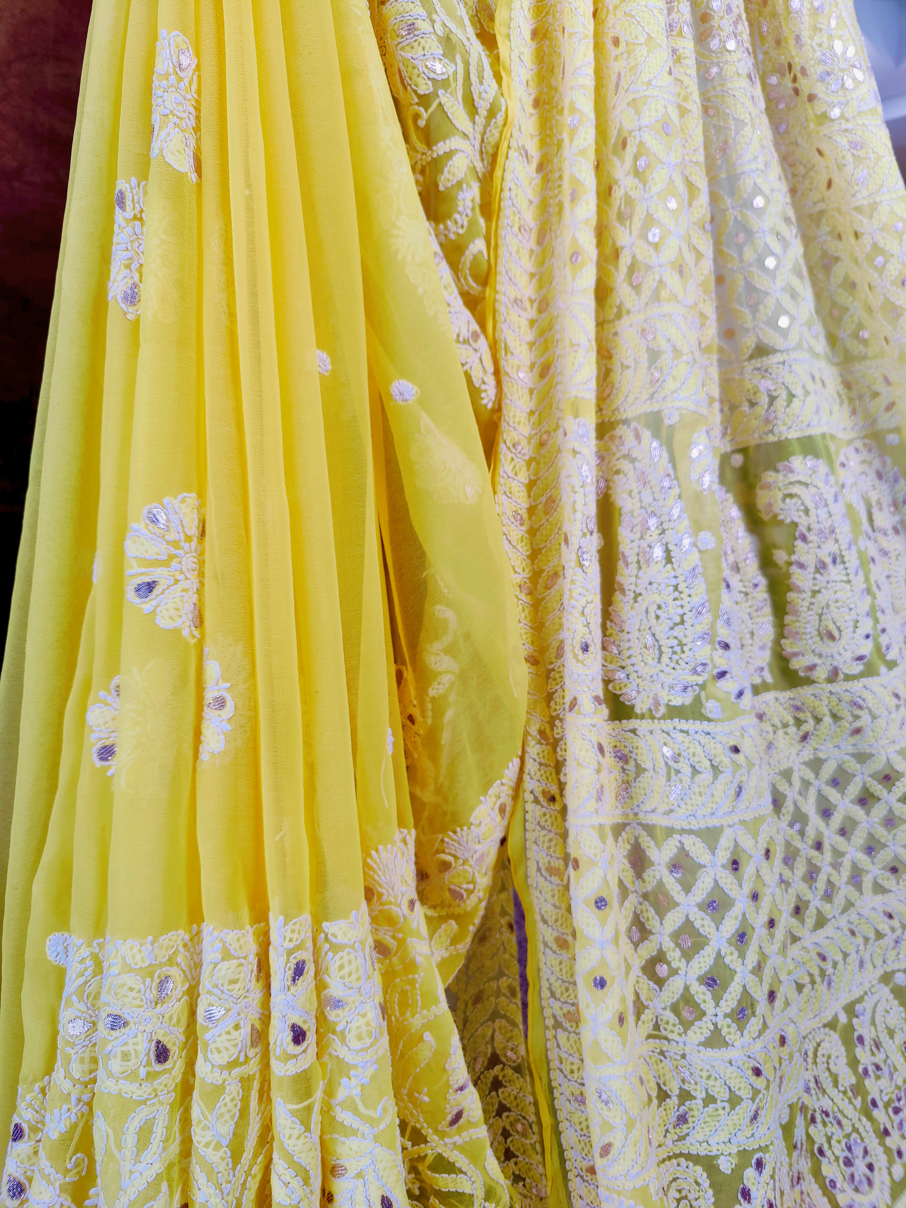 Sunshine Yellow Chiffon Chikankari Saree with Gota Patti Work