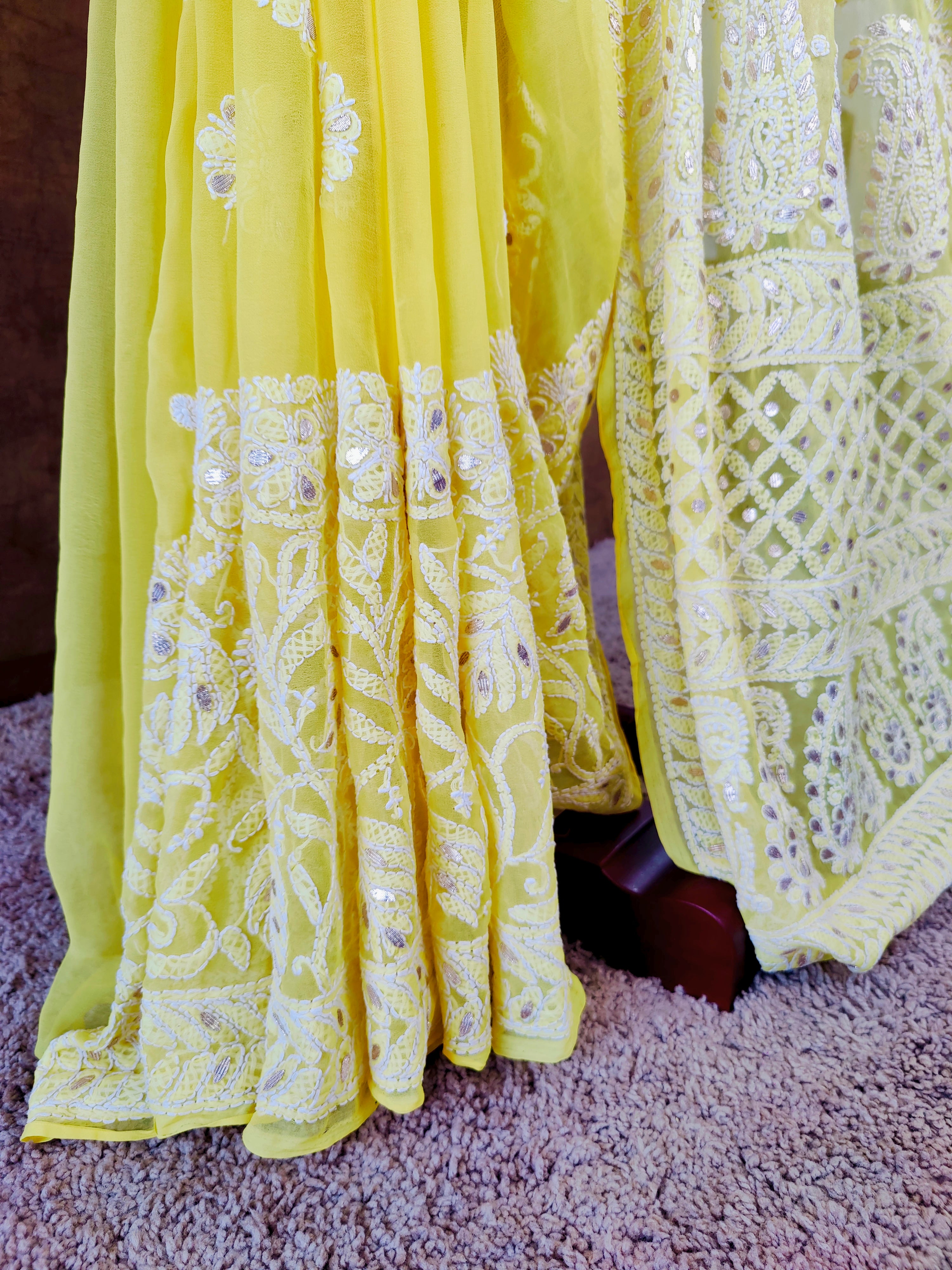 Sunshine Yellow Chiffon Chikankari Saree with Gota Patti Work
