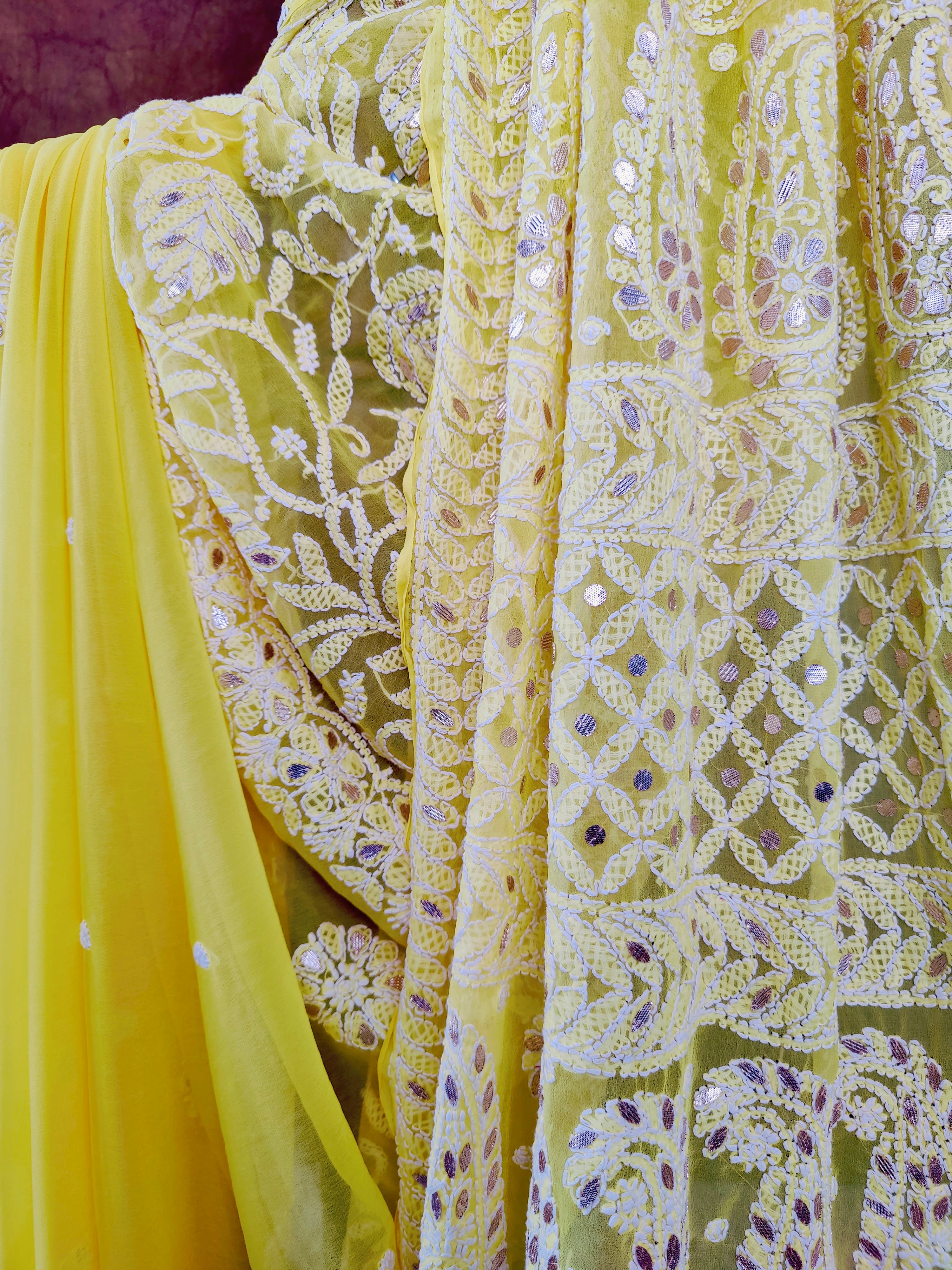 Sunshine Yellow Chiffon Chikankari Saree with Gota Patti Work