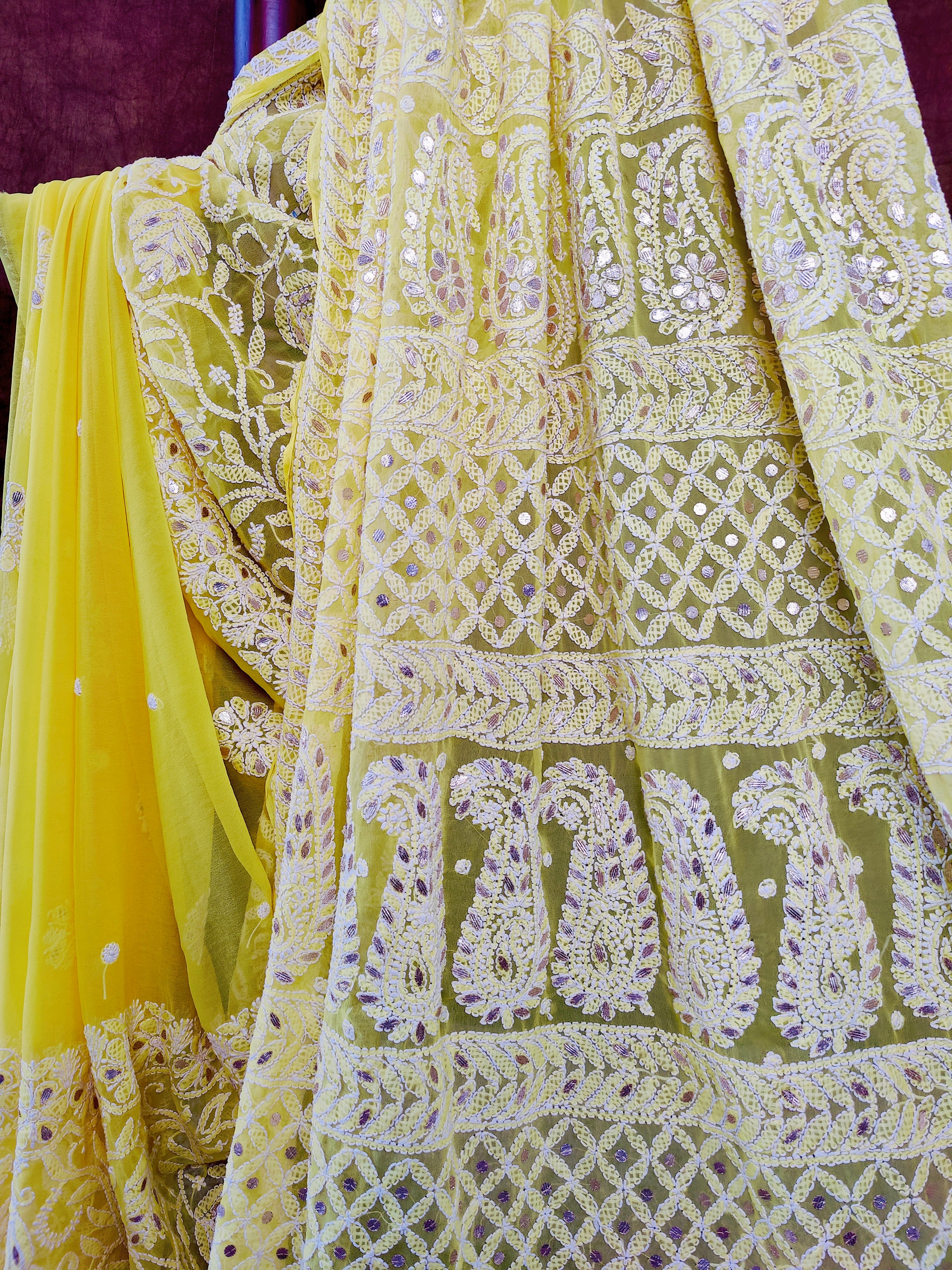 Sunshine Yellow Chiffon Chikankari Saree with Gota Patti Work