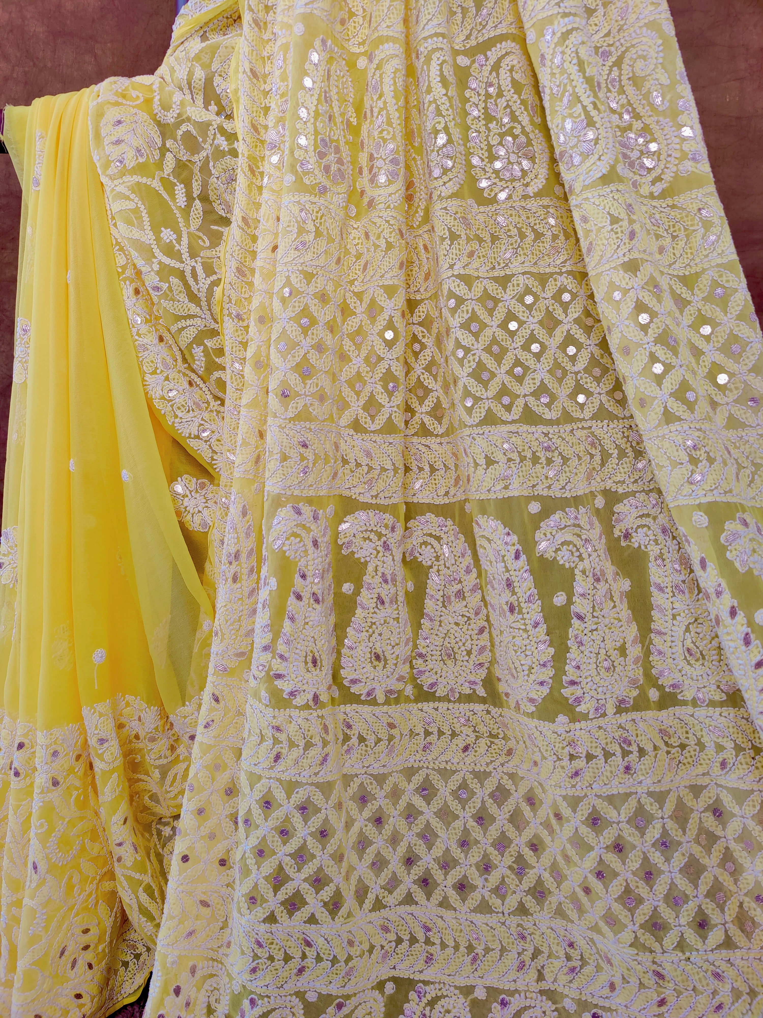 Sunshine Yellow Chiffon Chikankari Saree with Gota Patti Work
