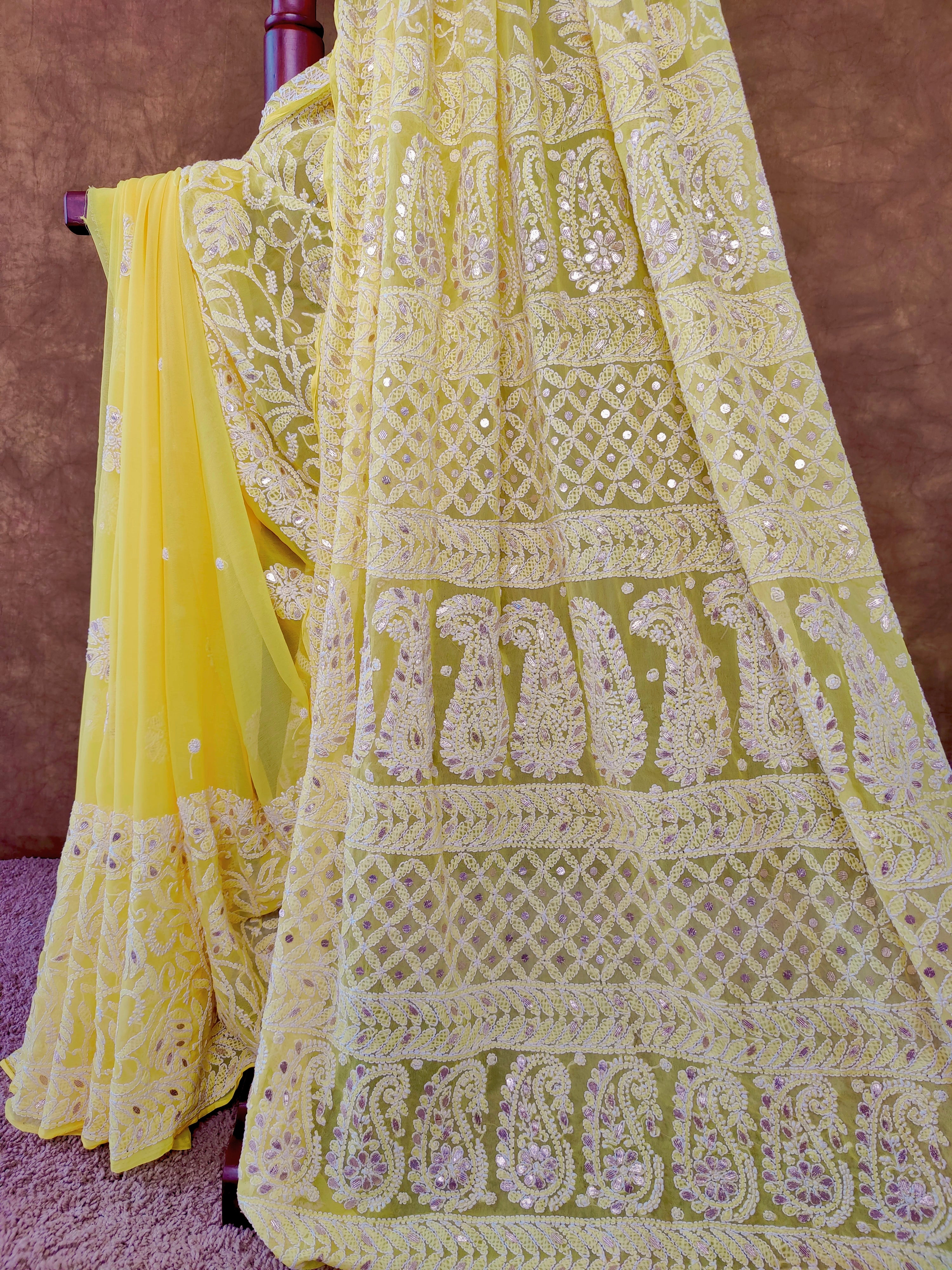 Sunshine Yellow Chiffon Chikankari Saree with Gota Patti Work