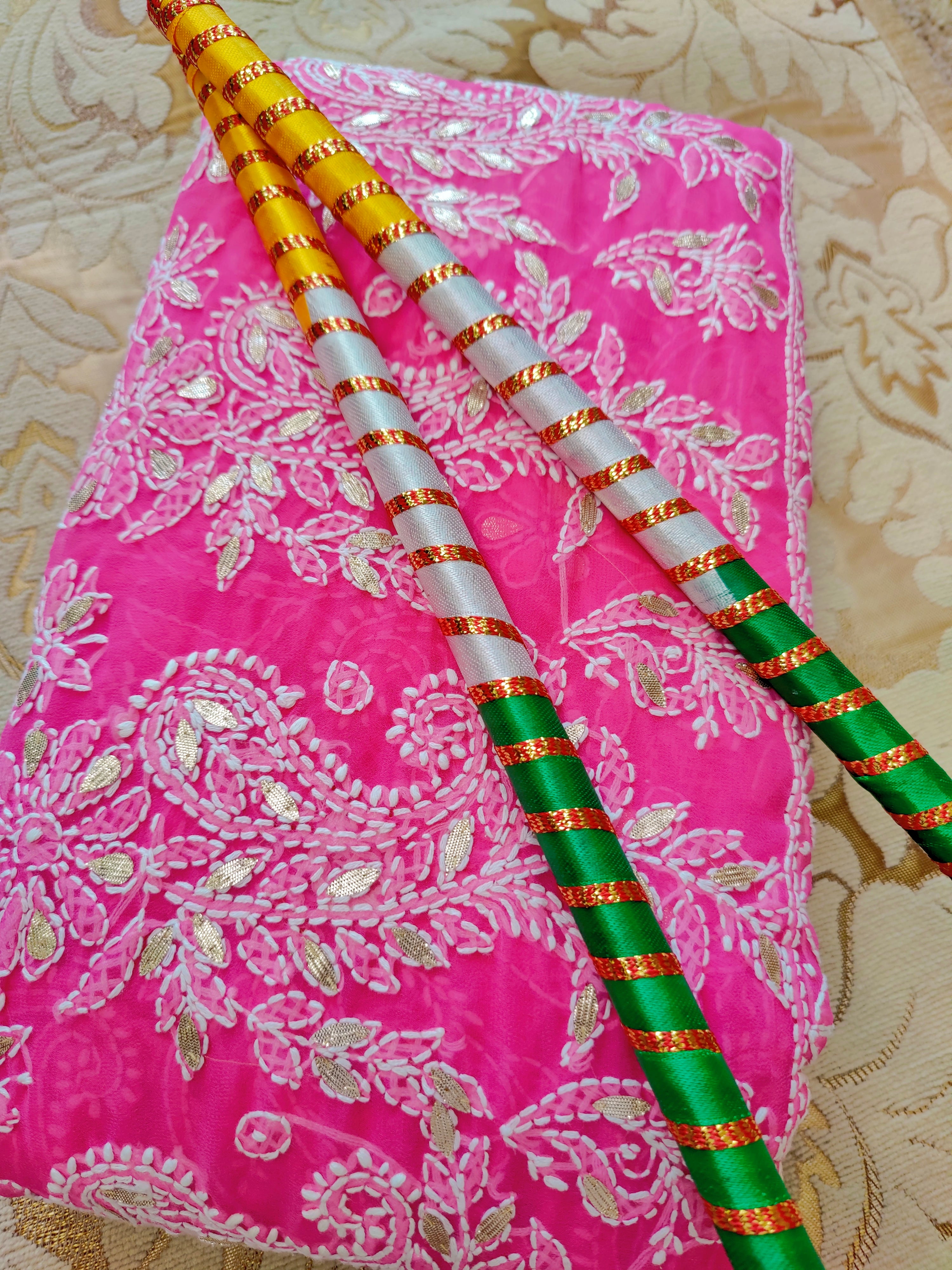 Pink Chiffon Lucknowi Chikankari Saree - Full Jaal with Gota Patti work