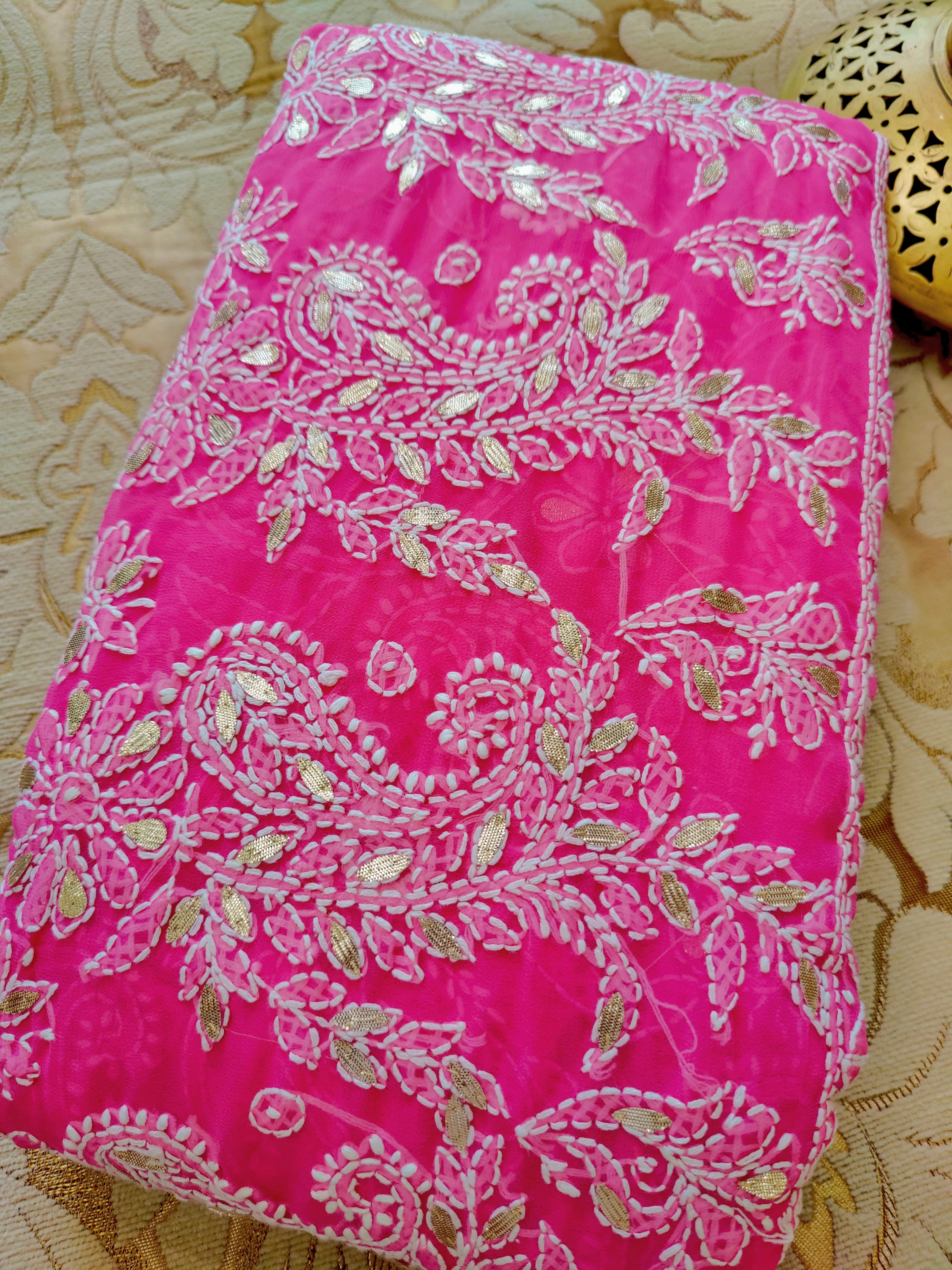 Pink Chiffon Lucknowi Chikankari Saree - Full Jaal with Gota Patti work