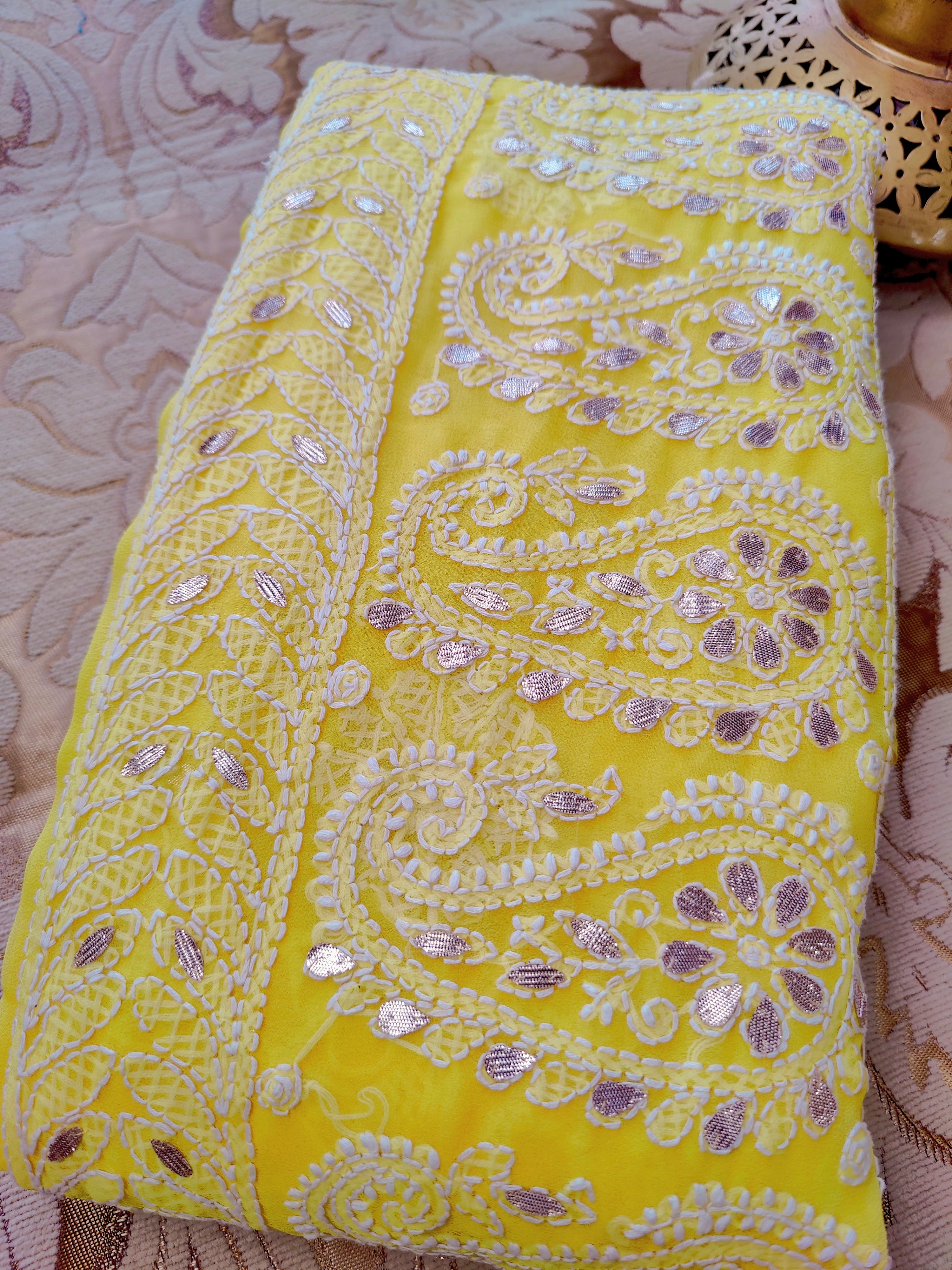 Sunshine Yellow Chiffon Chikankari Saree with Gota Patti Work