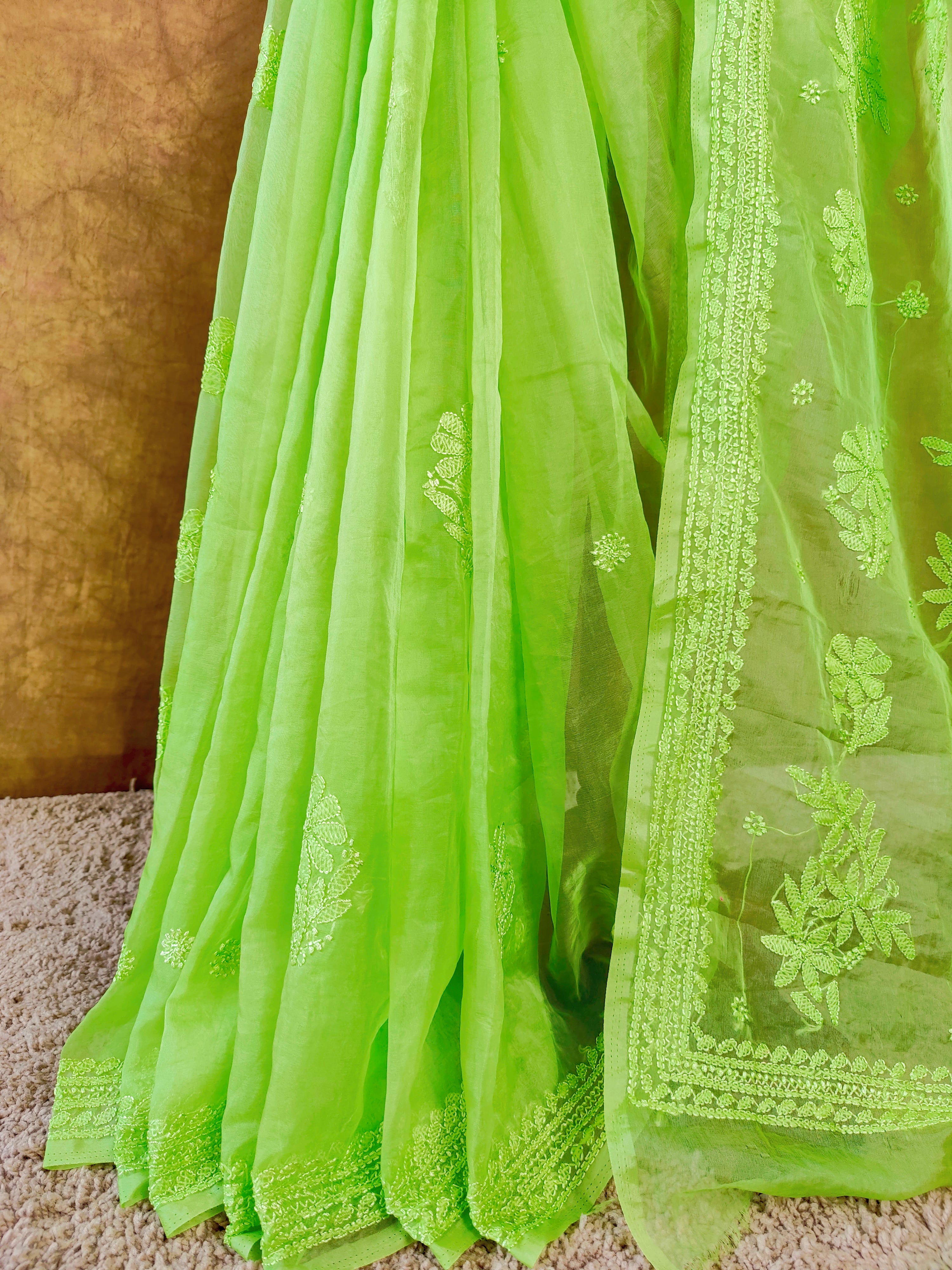 Trendy Green Organza Chikankari Saree with Resham Thread Work