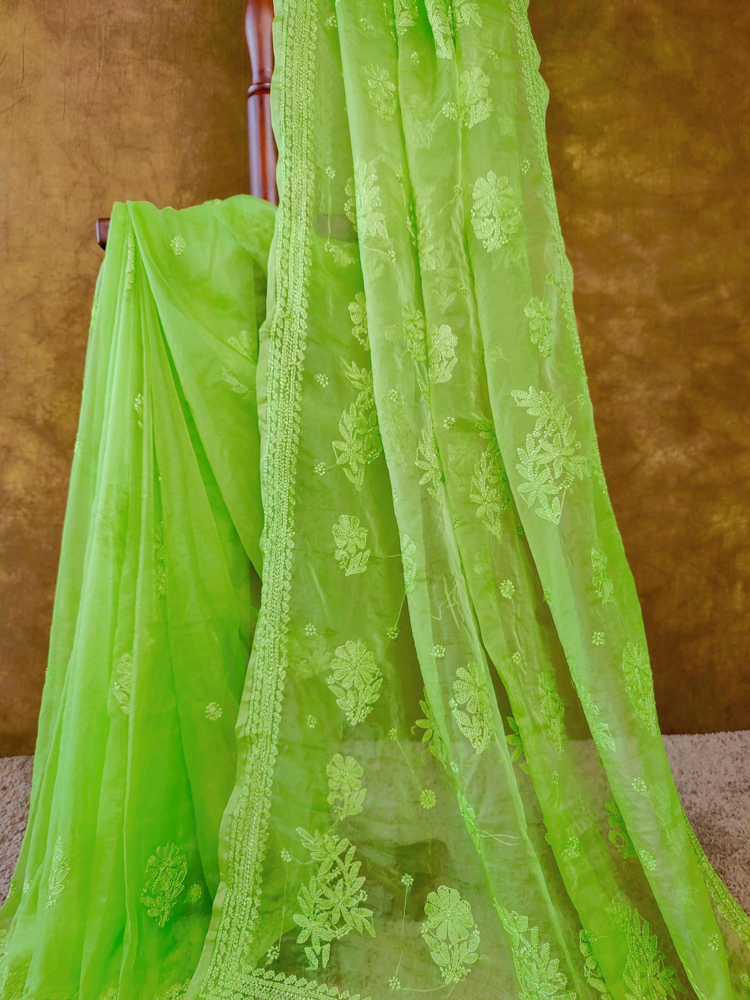 Trendy Green Organza Chikankari Saree with Resham Thread Work