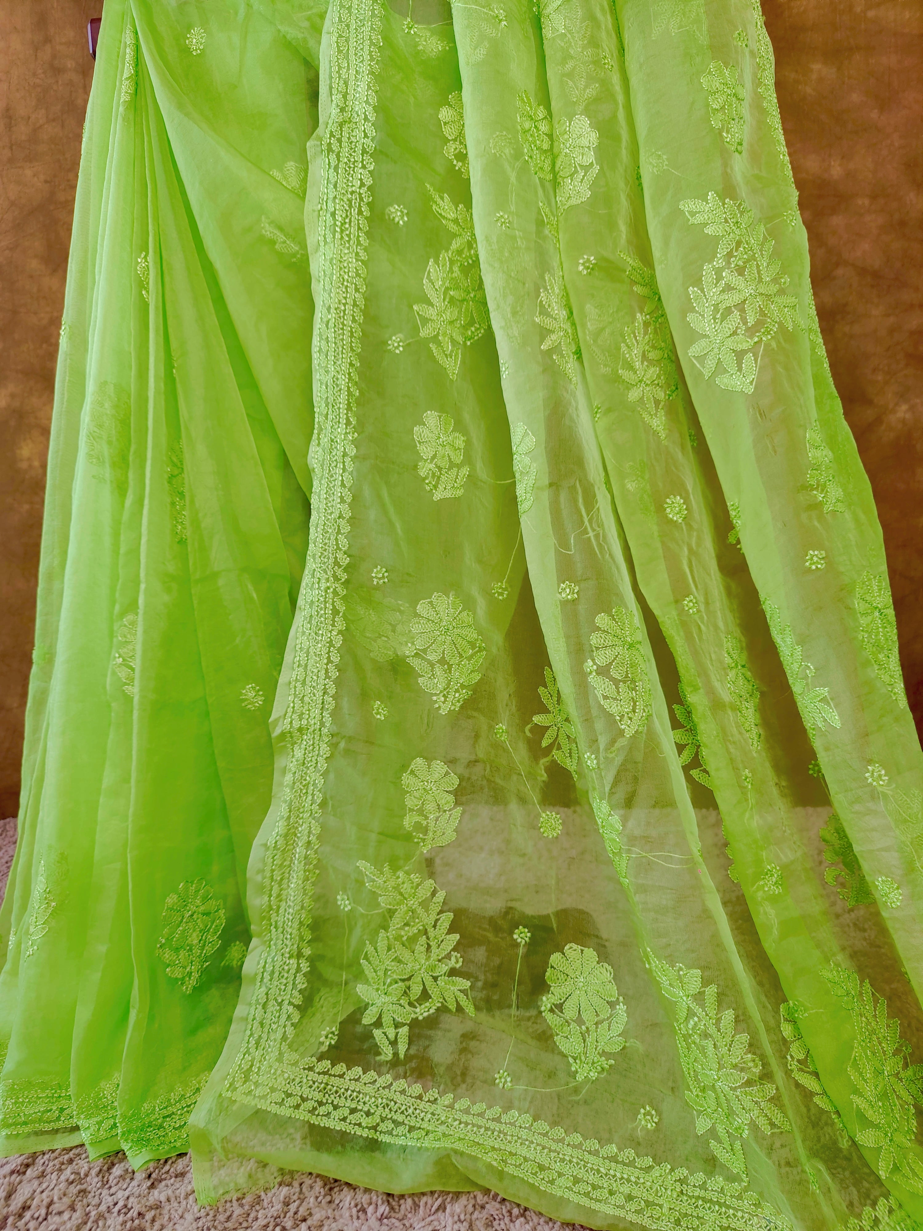Trendy Green Organza Chikankari Saree with Resham Thread Work