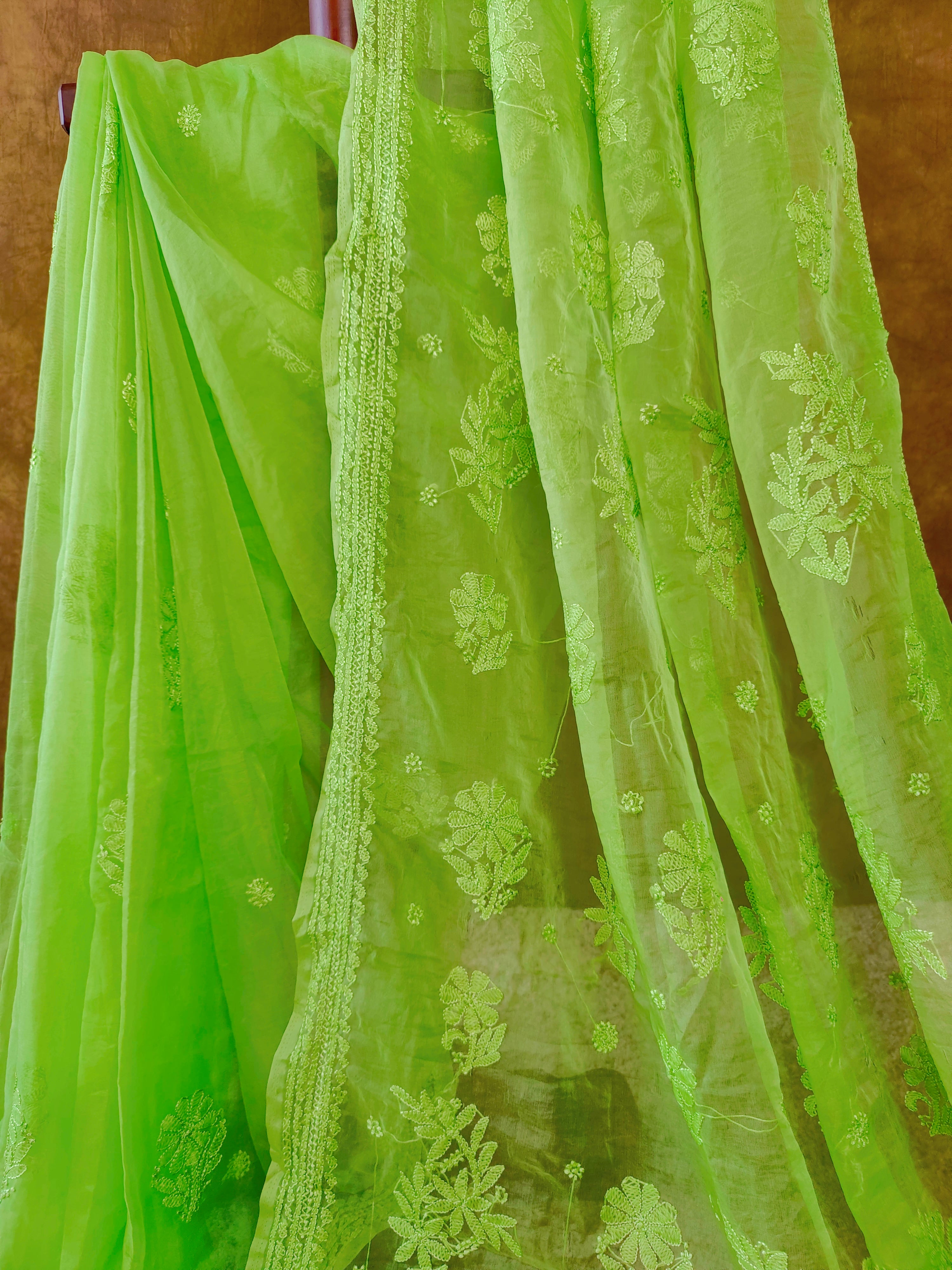 Trendy Green Organza Chikankari Saree with Resham Thread Work