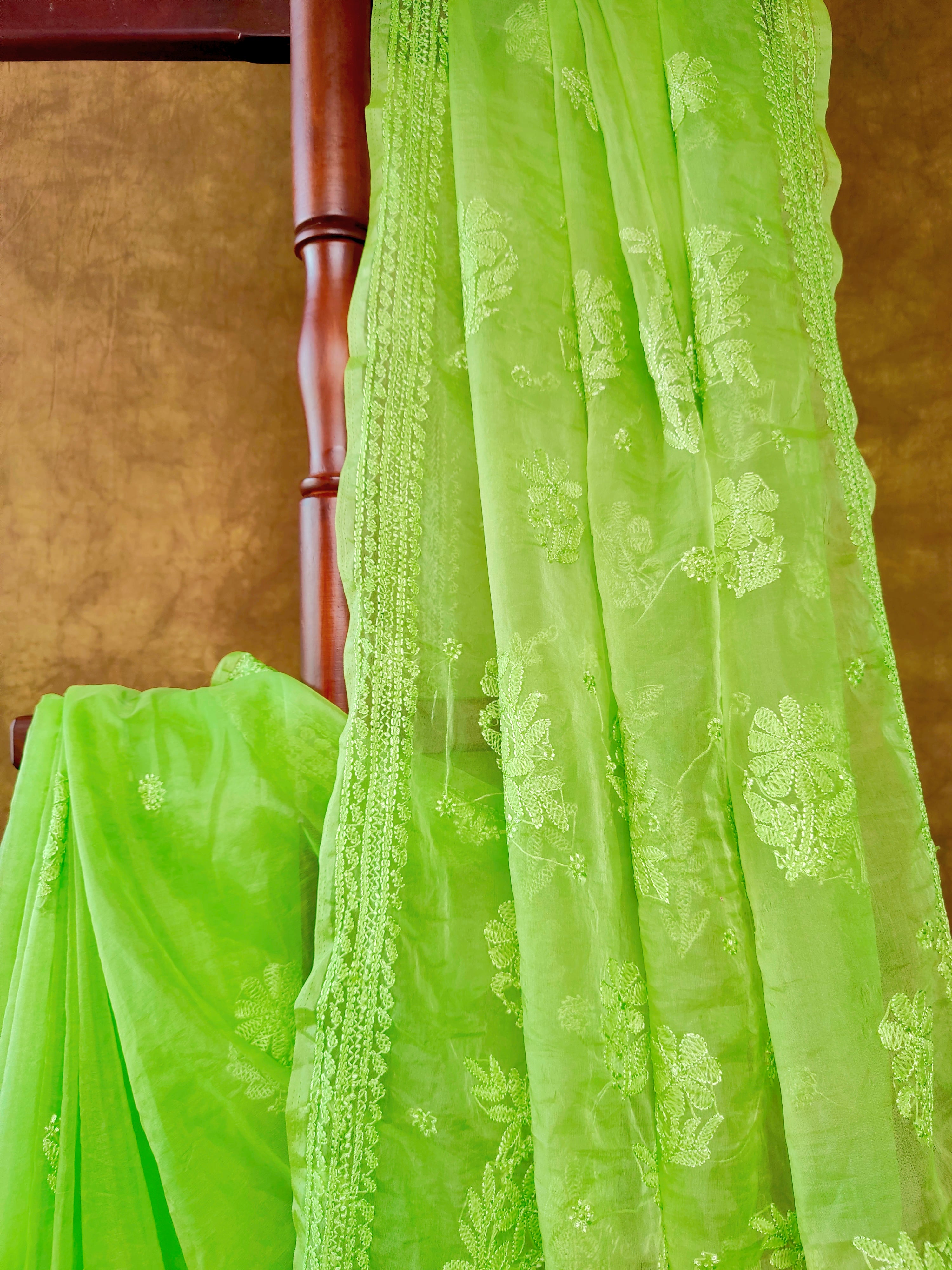Trendy Green Organza Chikankari Saree with Resham Thread Work