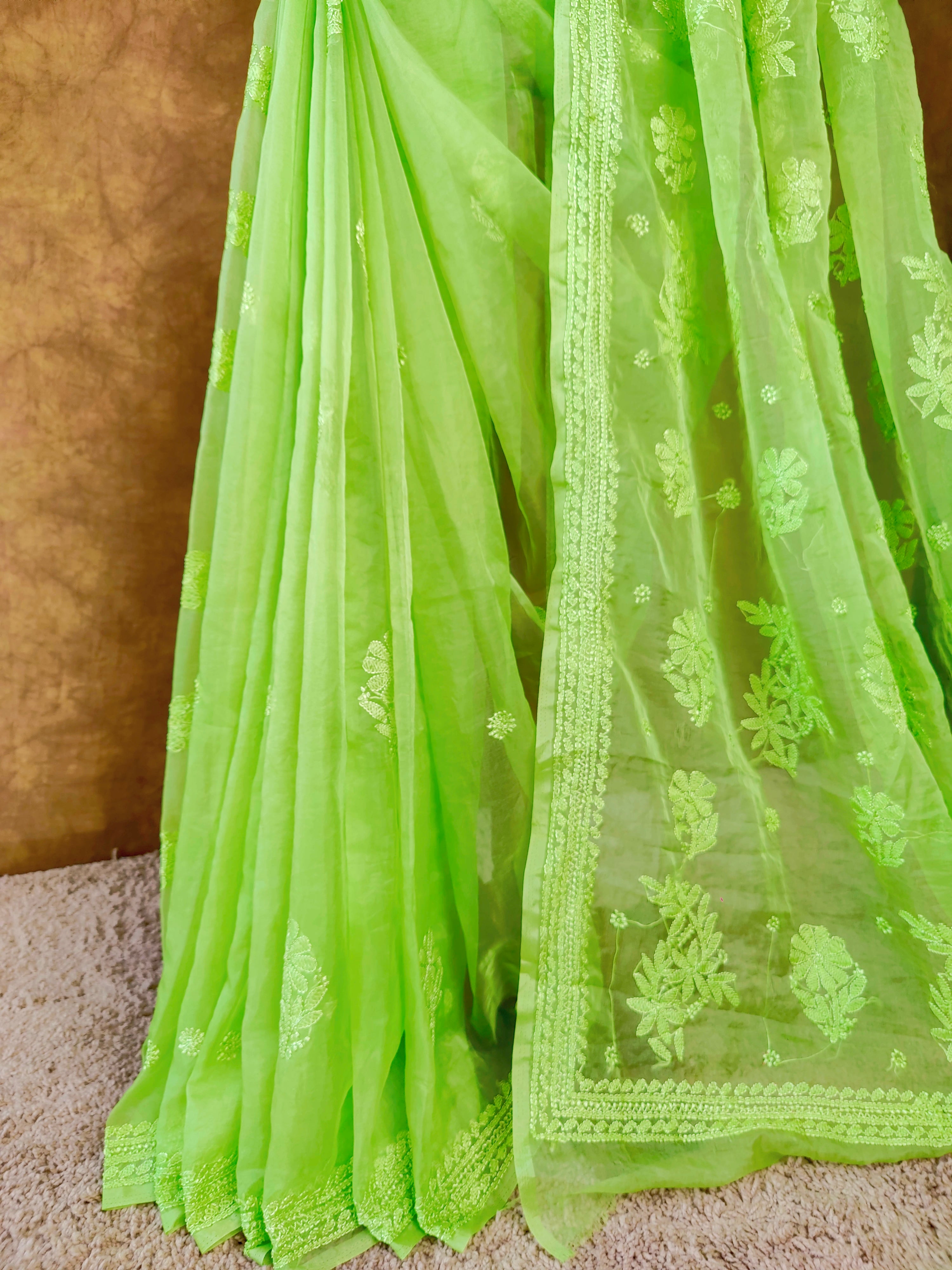 Trendy Green Organza Chikankari Saree with Resham Thread Work