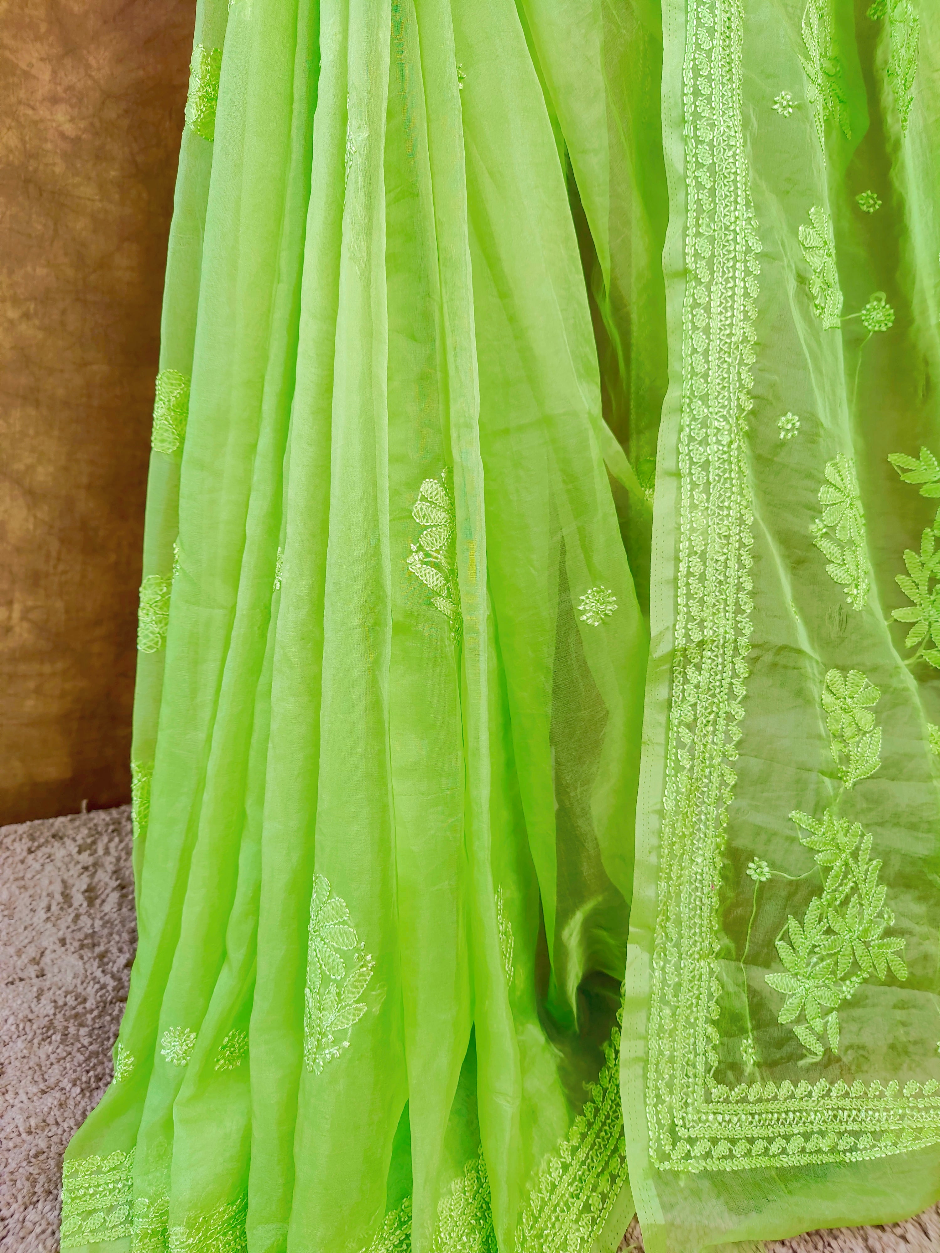 Trendy Green Organza Chikankari Saree with Resham Thread Work