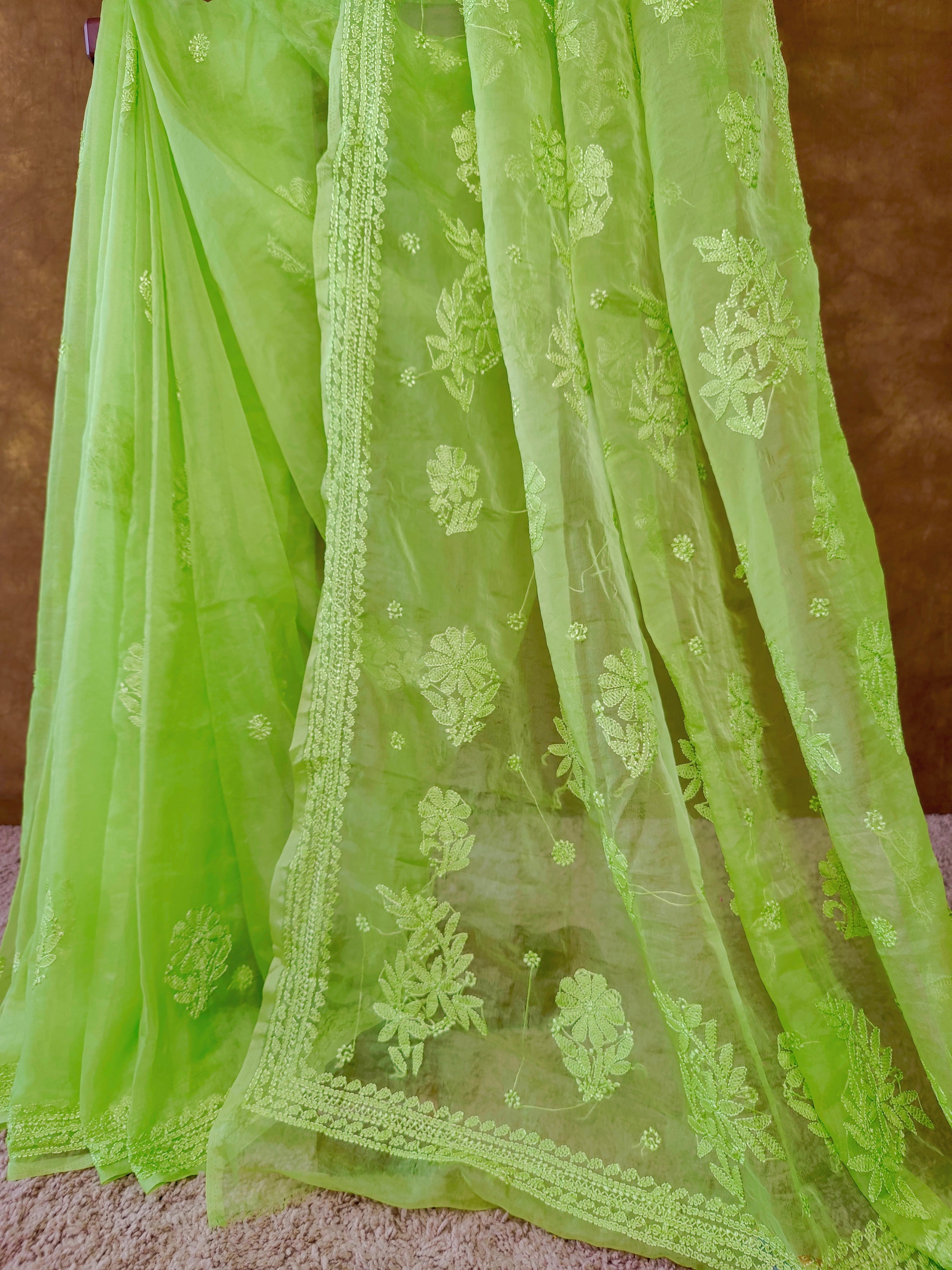 Trendy Green Organza Chikankari Saree with Resham Thread Work