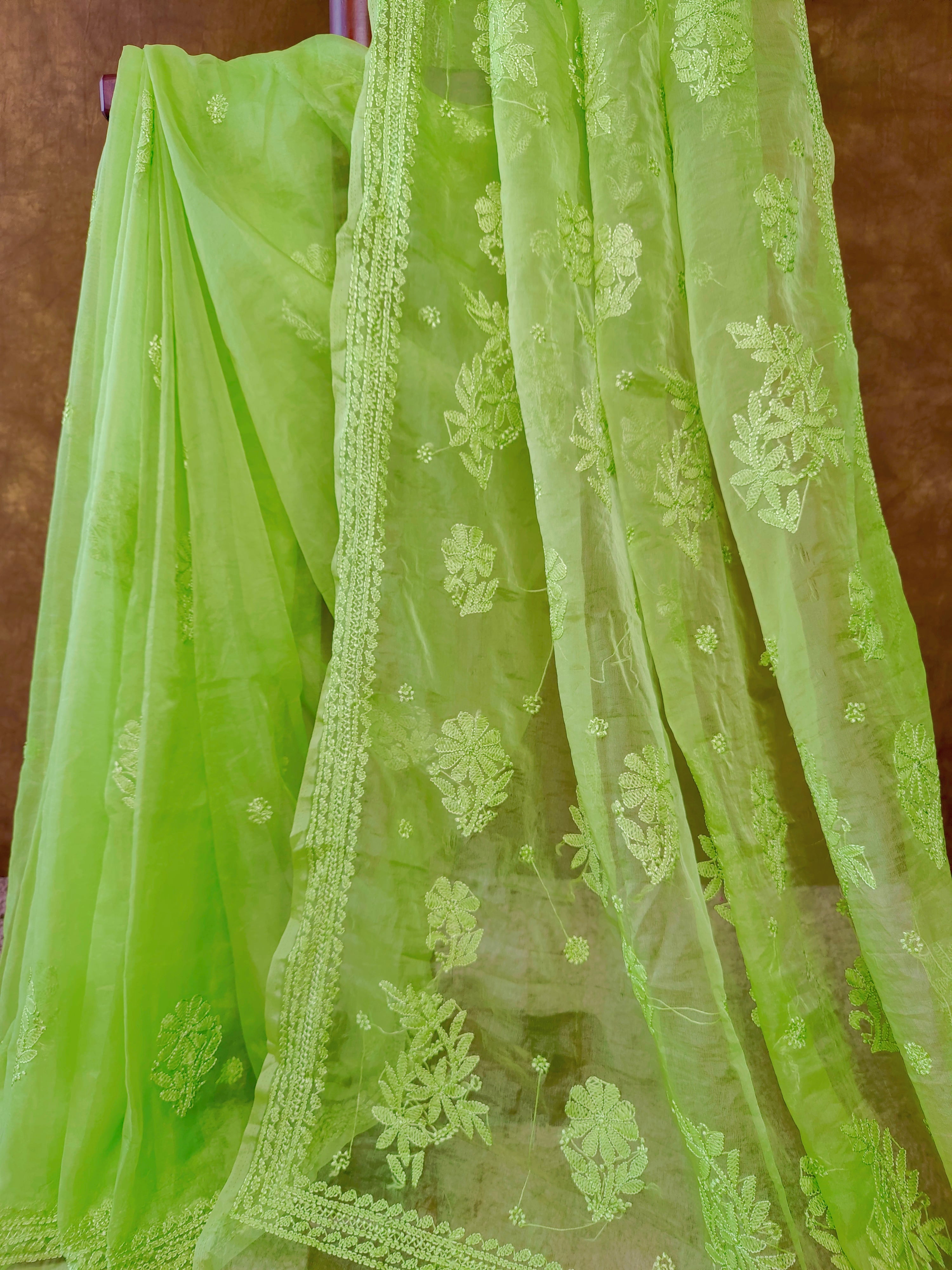Trendy Green Organza Chikankari Saree with Resham Thread Work