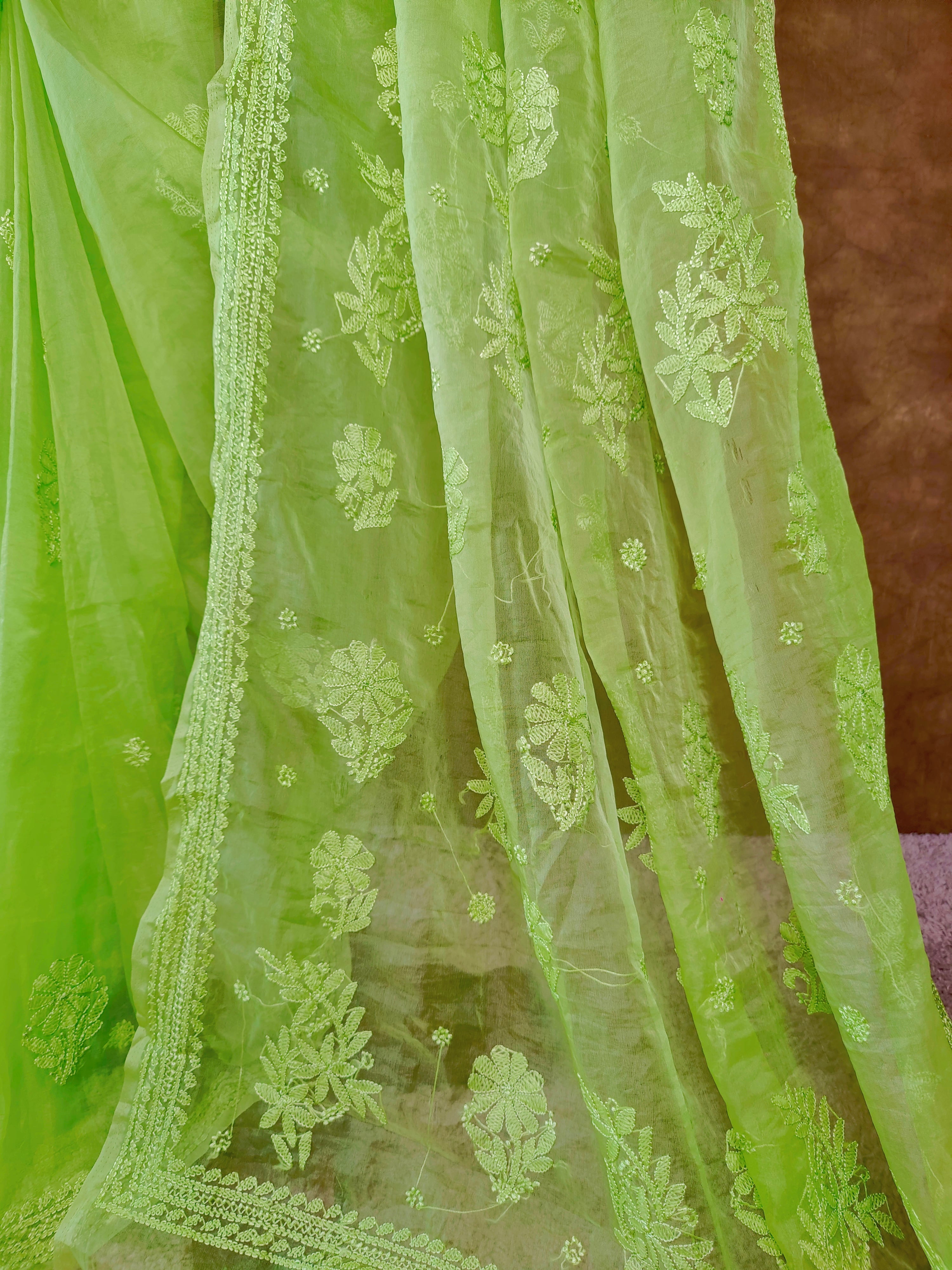 Trendy Green Organza Chikankari Saree with Resham Thread Work