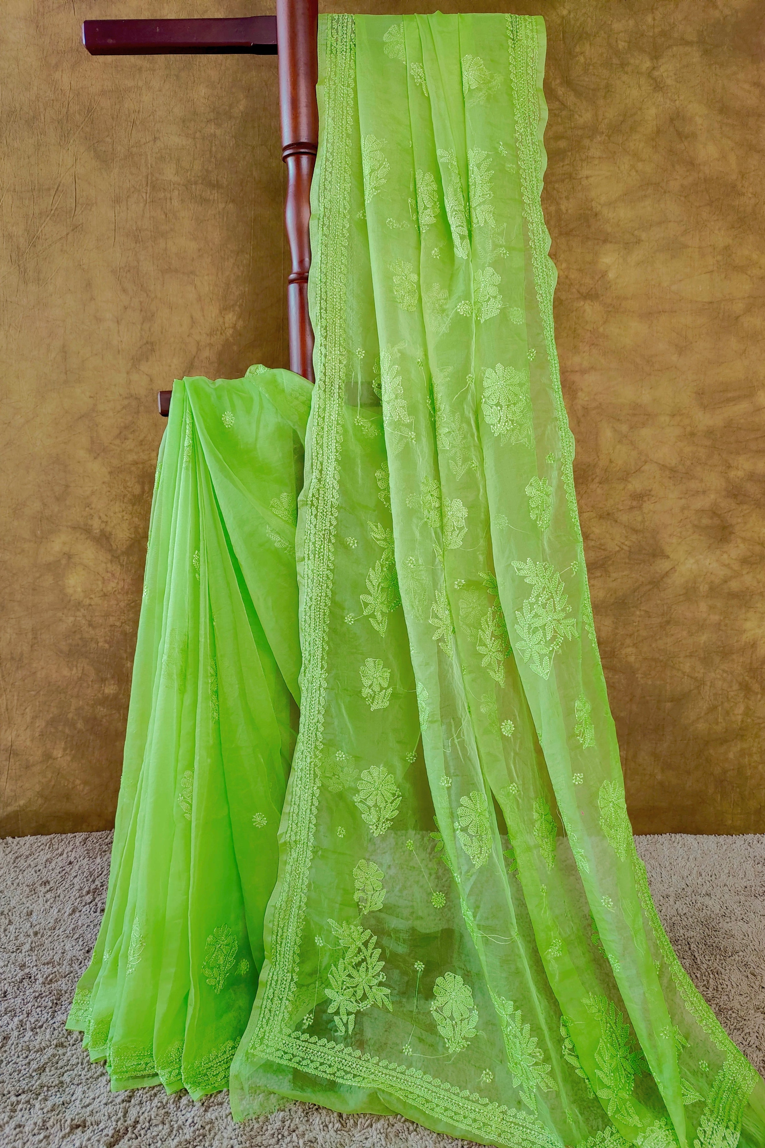 Trendy Green Organza Chikankari Saree with Resham Thread Work