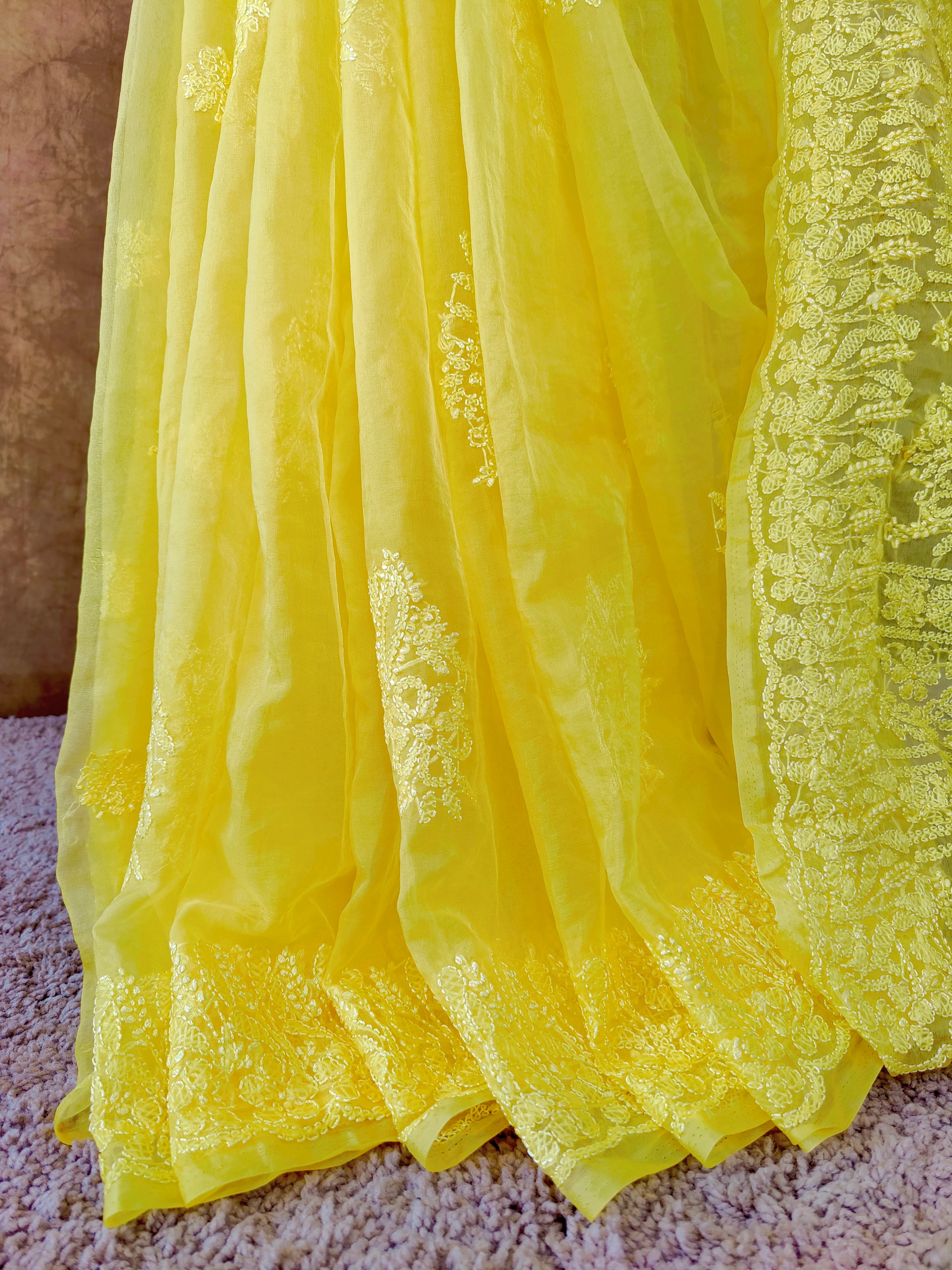 Vibrant Yellow Organza Chikankari Saree with Resham Thread & Detailed Pallu