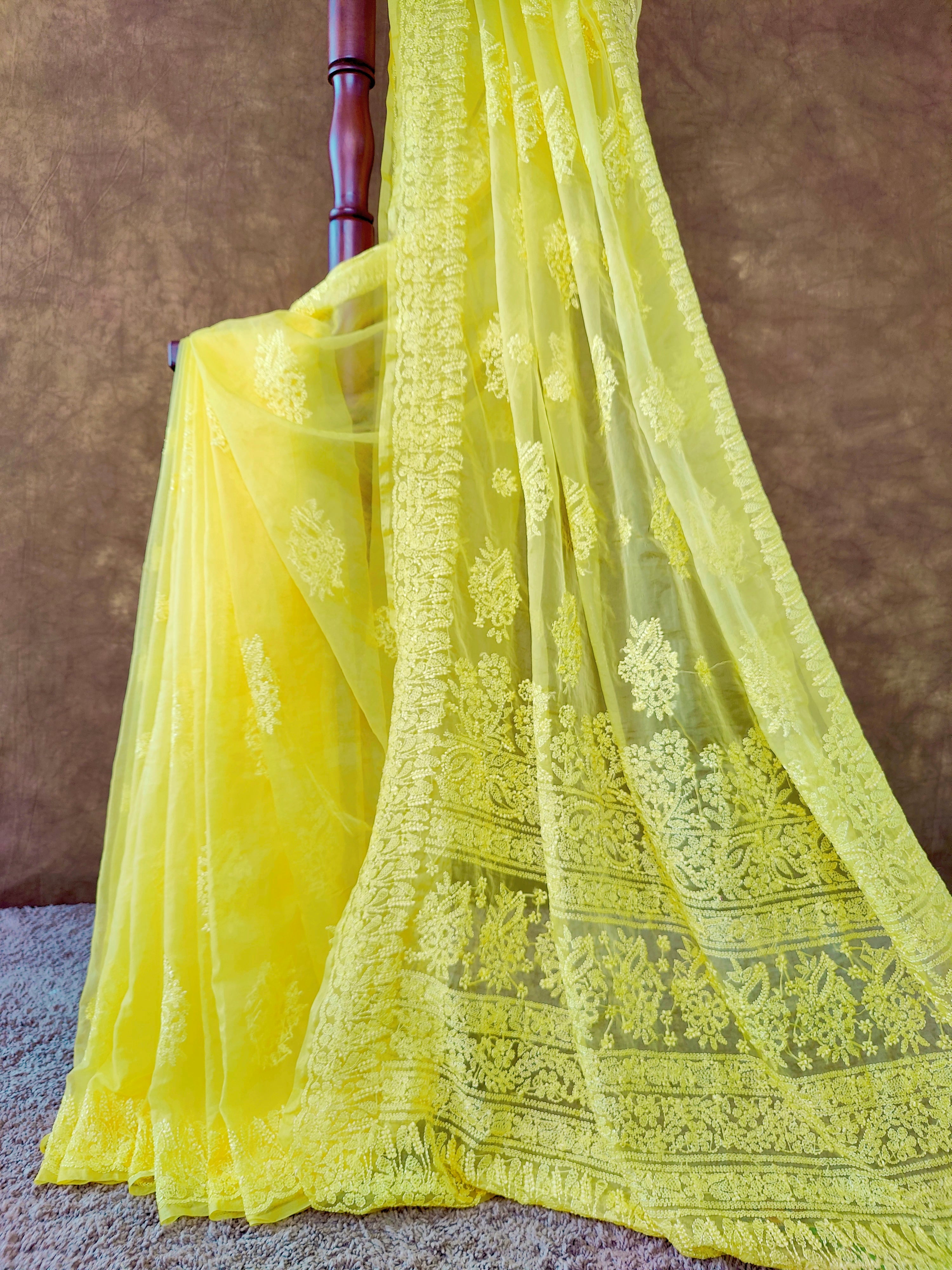 Vibrant Yellow Organza Chikankari Saree with Resham Thread & Detailed Pallu
