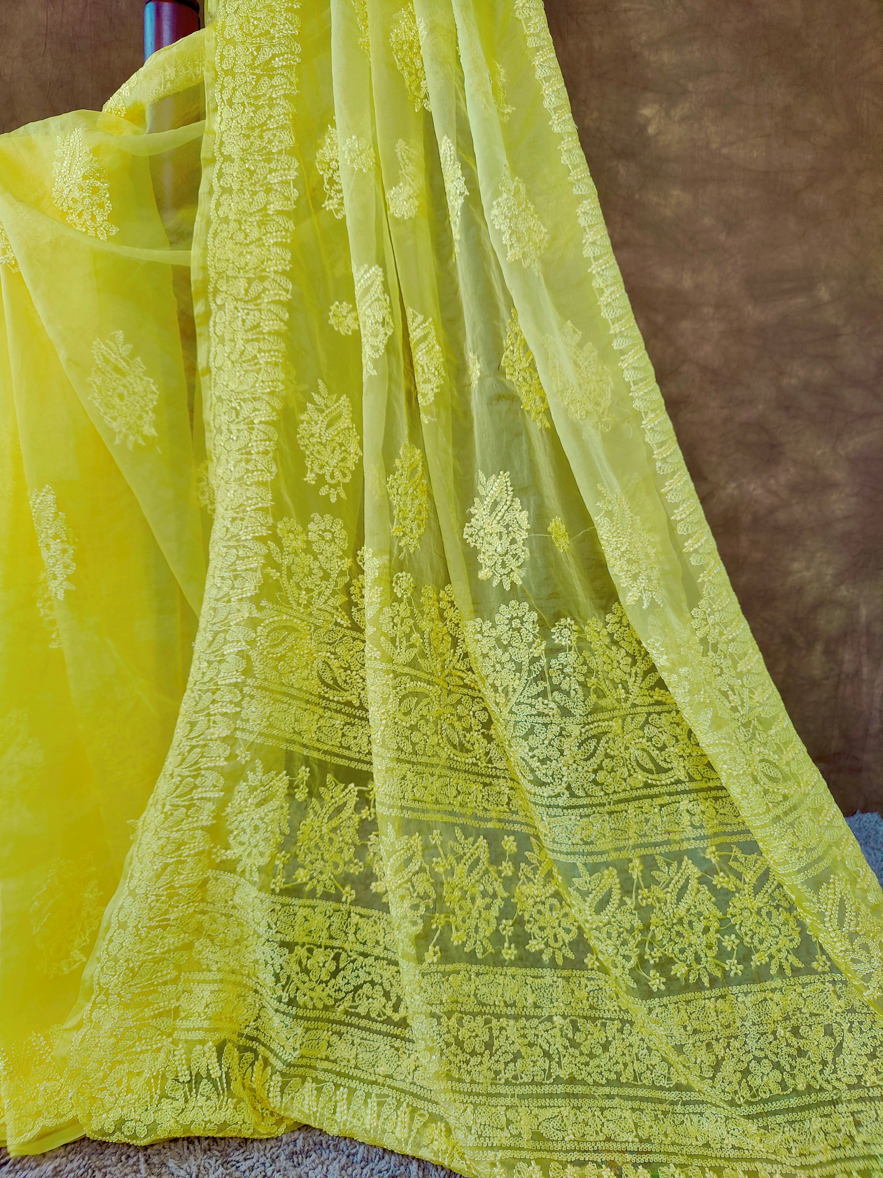 Vibrant Yellow Organza Chikankari Saree with Resham Thread & Detailed Pallu
