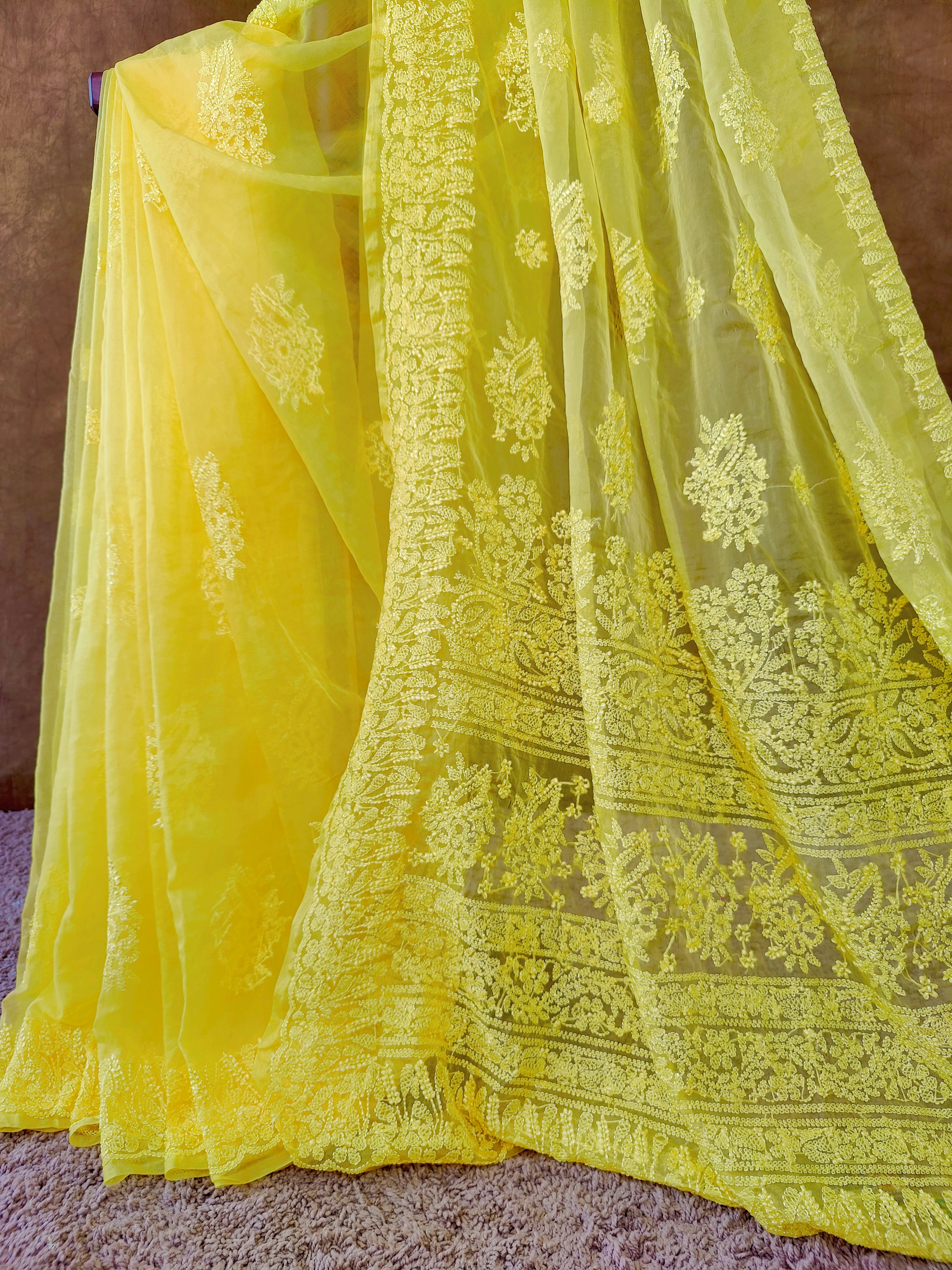 Vibrant Yellow Organza Chikankari Saree with Resham Thread & Detailed Pallu