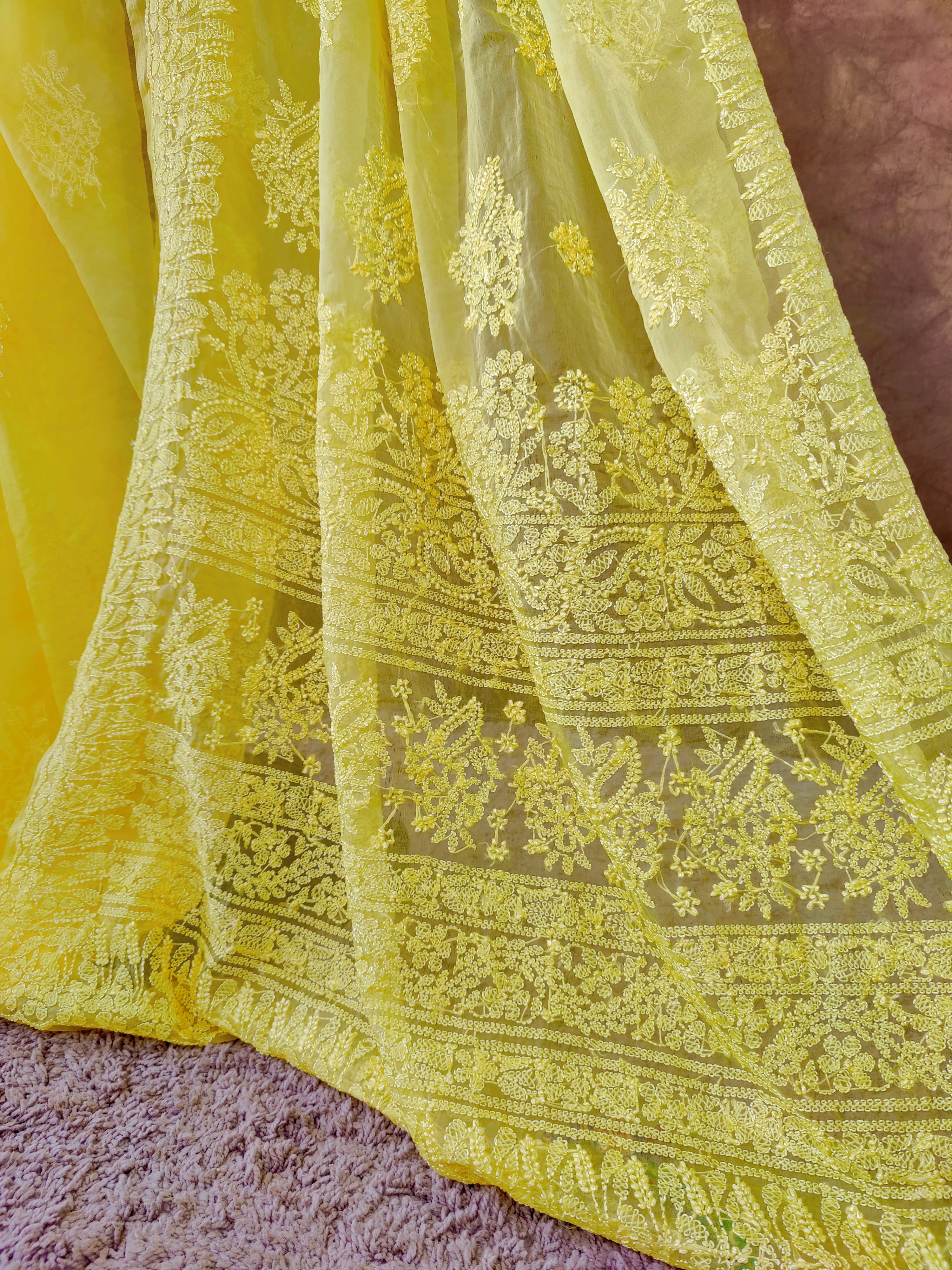 Vibrant Yellow Organza Chikankari Saree with Resham Thread & Detailed Pallu