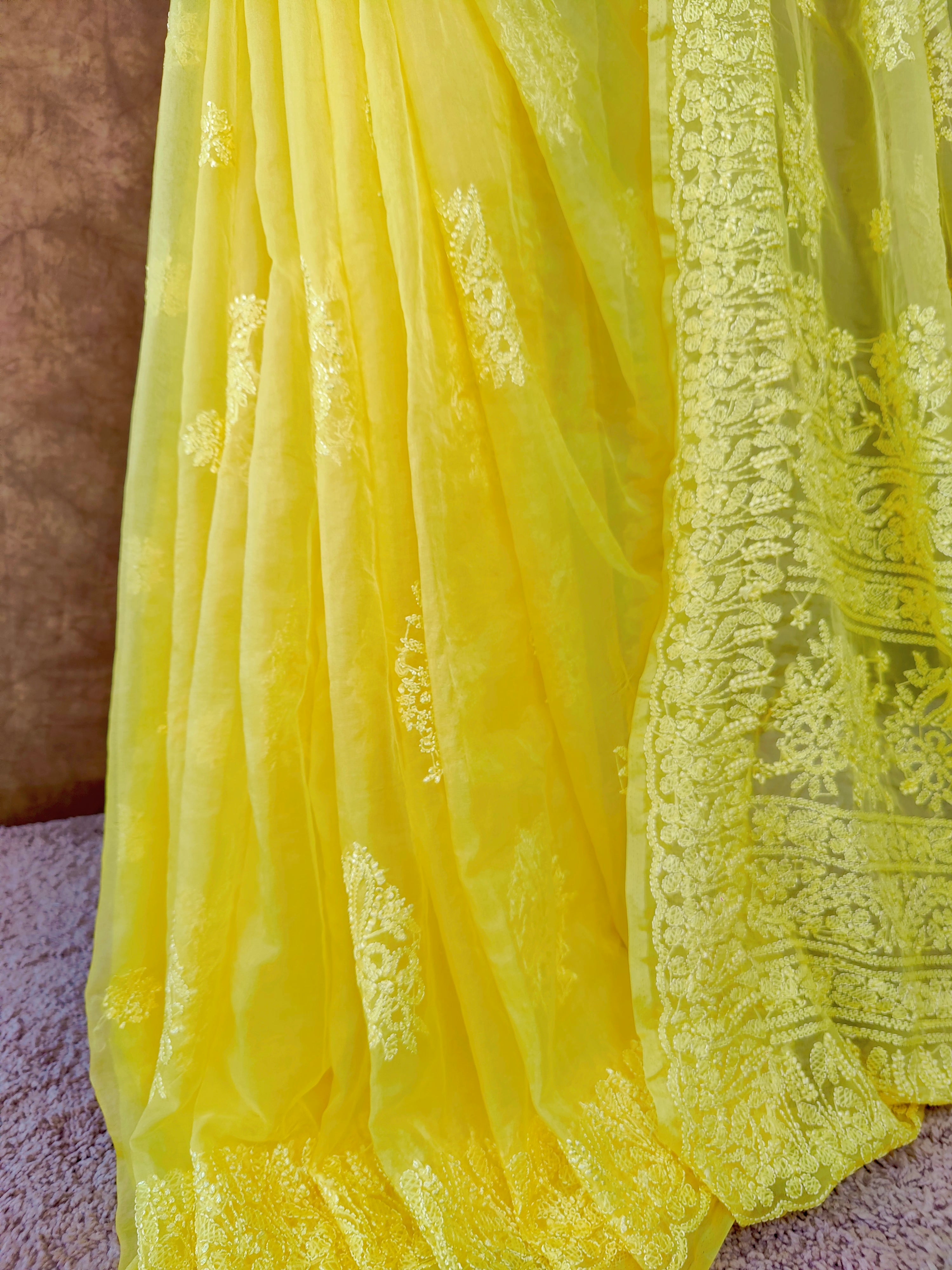 Vibrant Yellow Organza Chikankari Saree with Resham Thread & Detailed Pallu