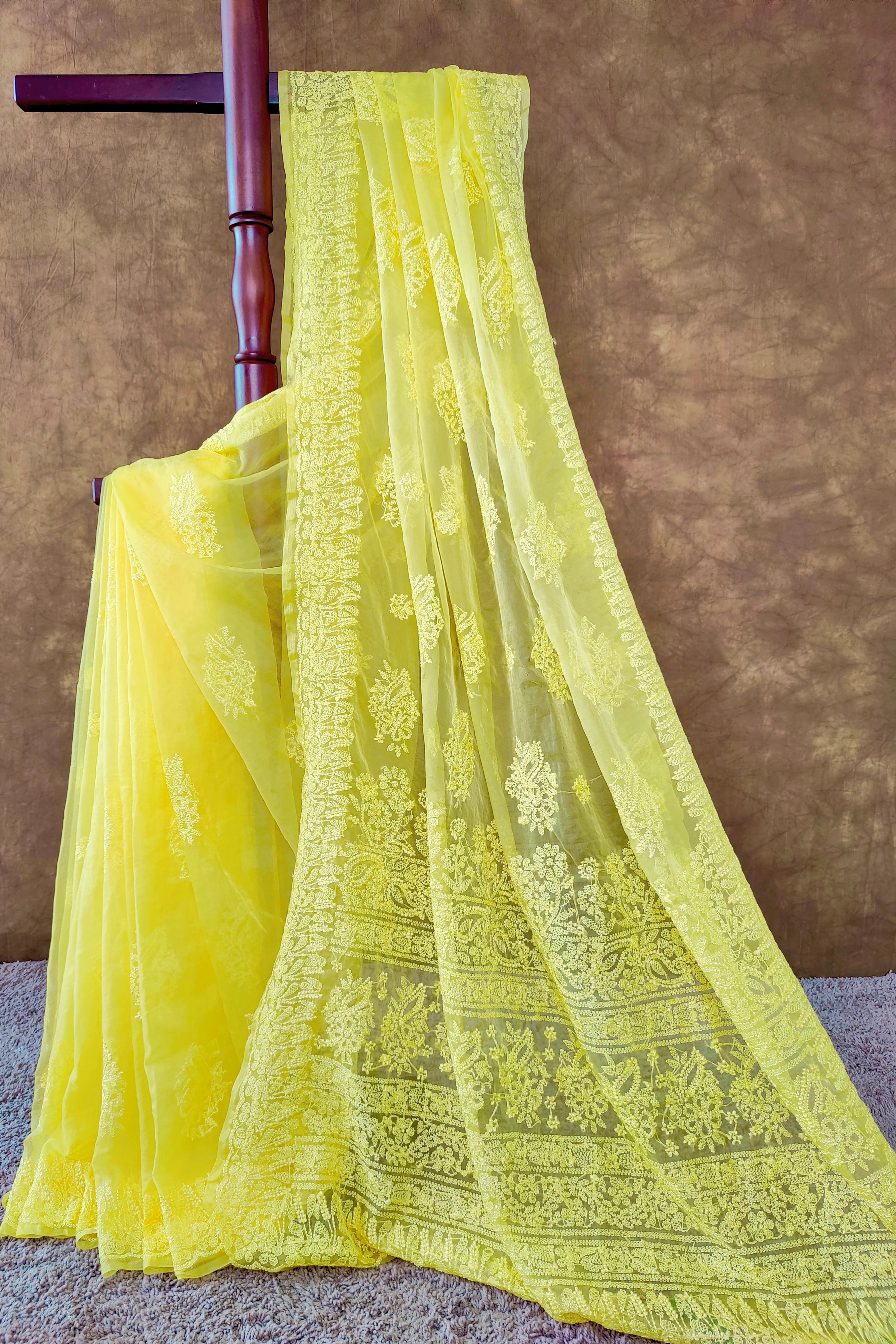 Vibrant Yellow Organza Chikankari Saree with Resham Thread & Detailed Pallu