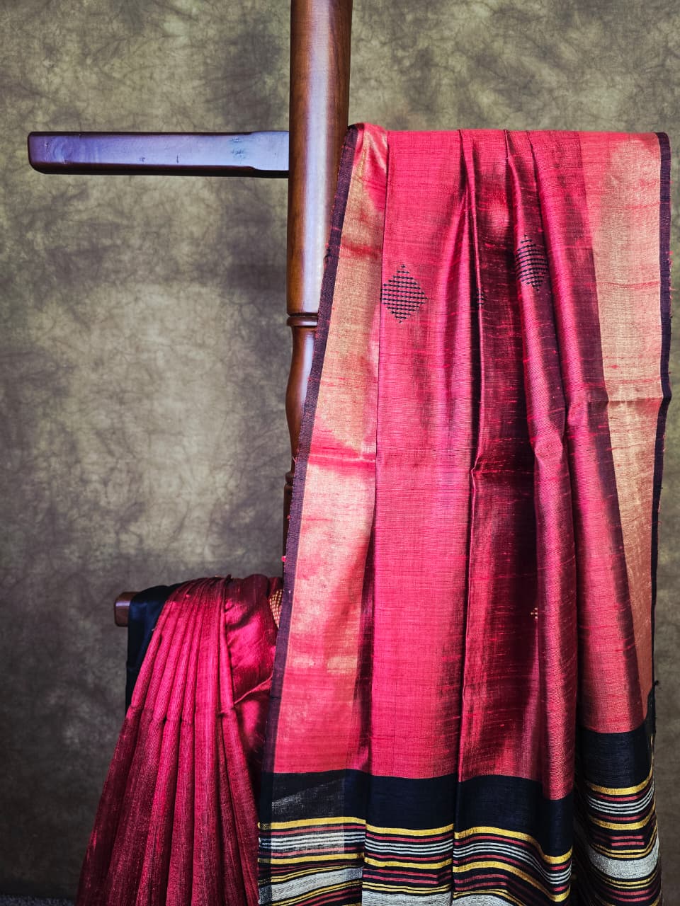 Handloom Silk Saree in Rich Red & Black with Intricate Hand Thread Work