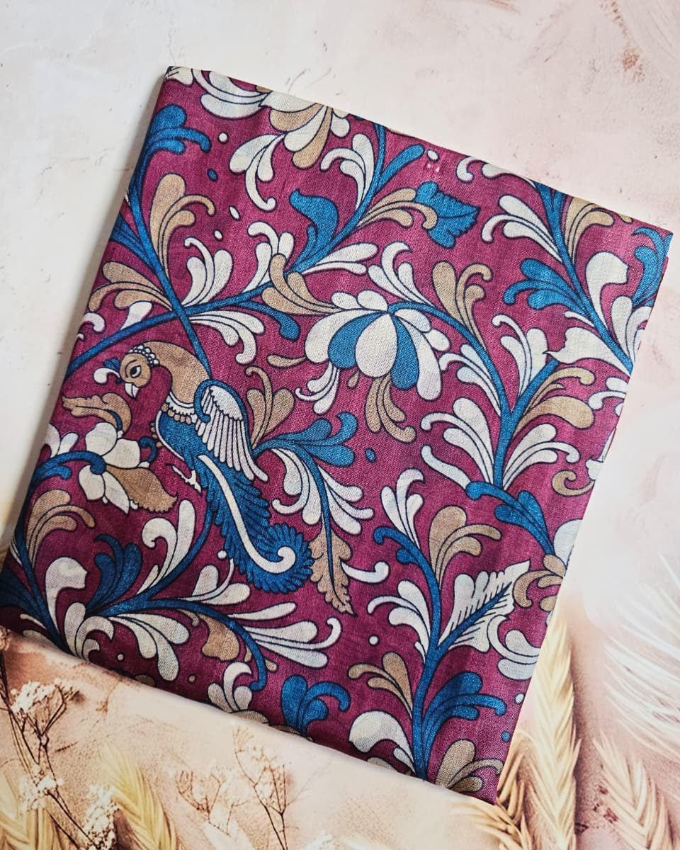 Art-Inspired Magenta-Blue Kalamkari Handloom Silk Saree