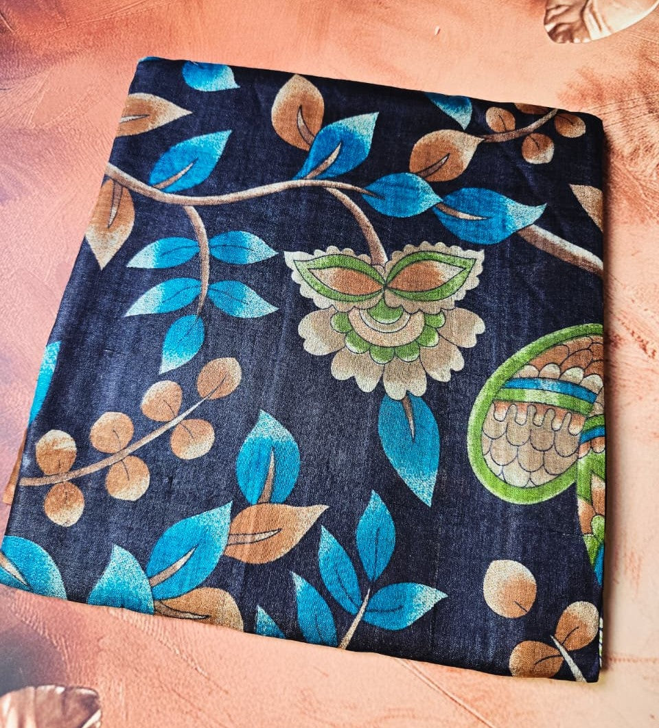 Handloom Silk Kalamkari Saree in Deep Navy & Earthy Tones – Artistic, Bold & Stylish