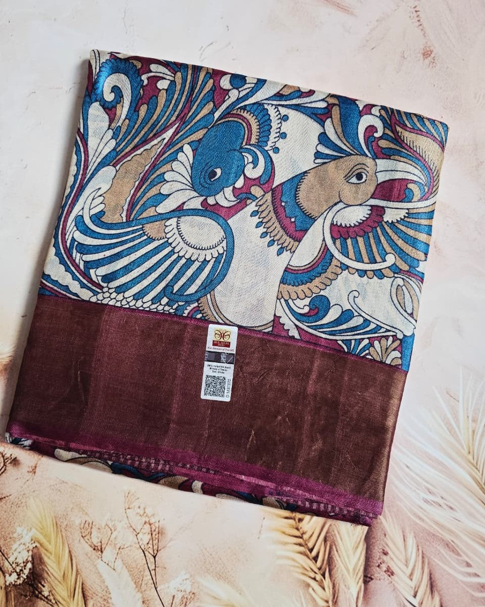 Art-Inspired Magenta-Blue Kalamkari Handloom Silk Saree
