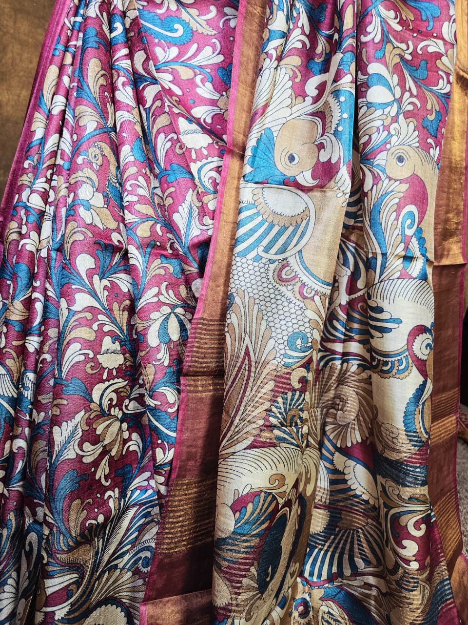 Art-Inspired Magenta-Blue Kalamkari Handloom Silk Saree