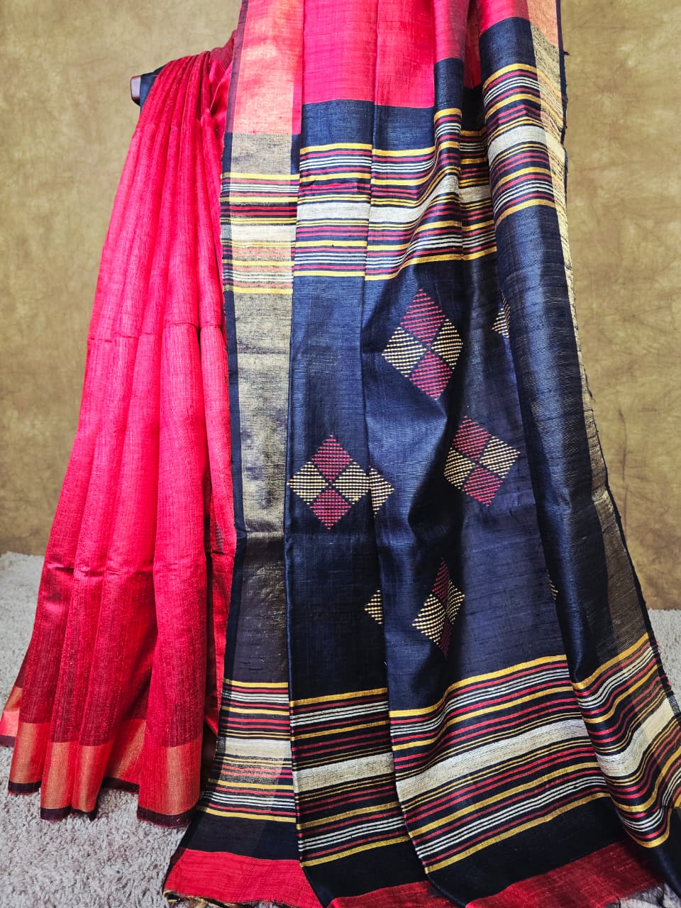 Handloom Silk Saree in Rich Red & Black with Intricate Hand Thread Work